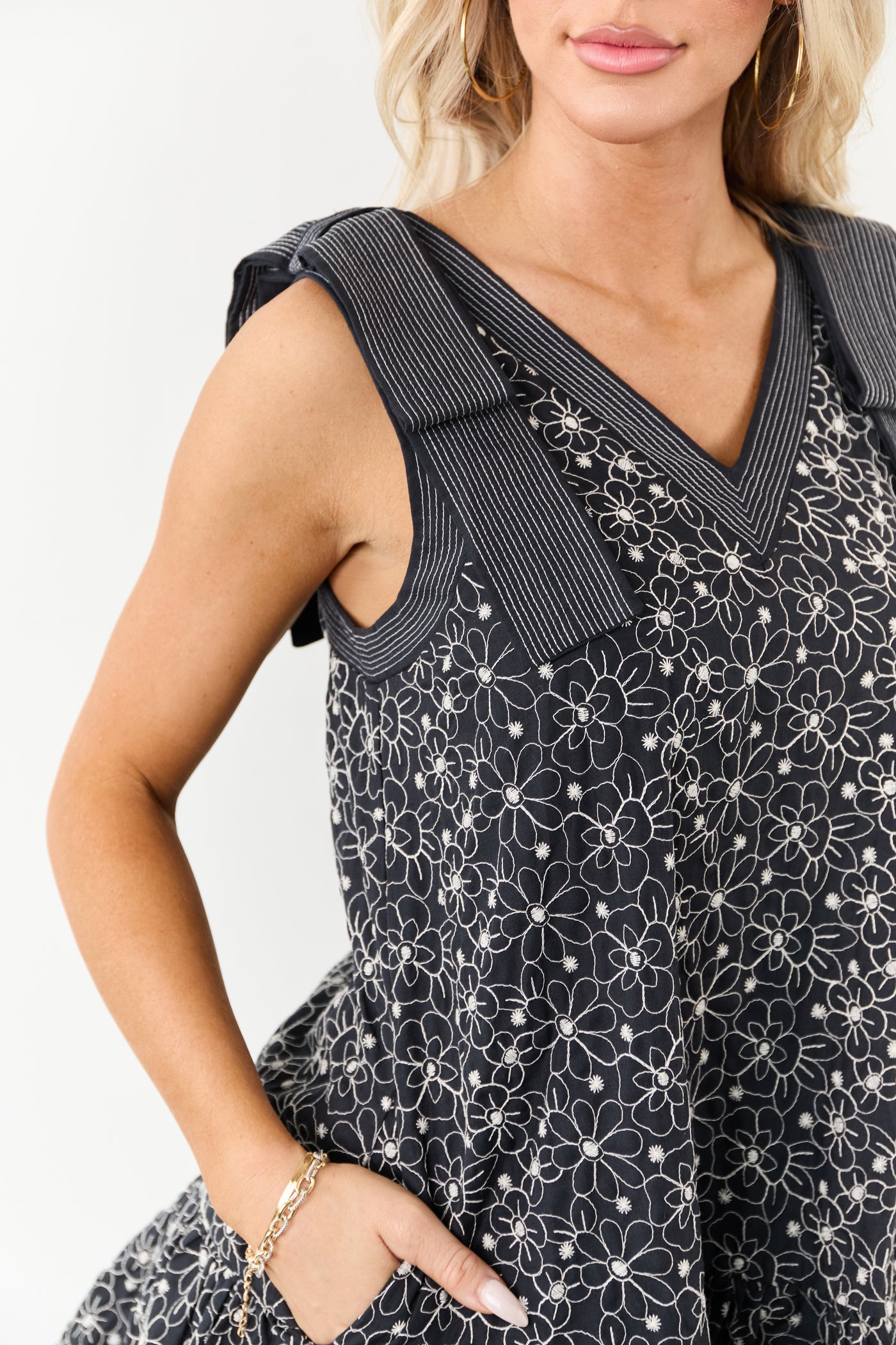 Entro Black Embroidered Floral Bow Strap Mini Dress