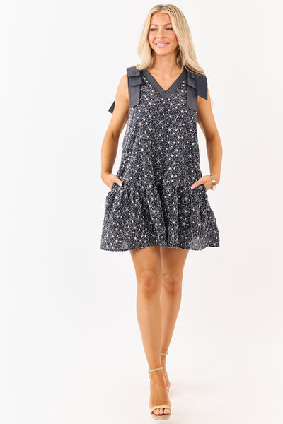 Entro Black Embroidered Floral Bow Strap Mini Dress