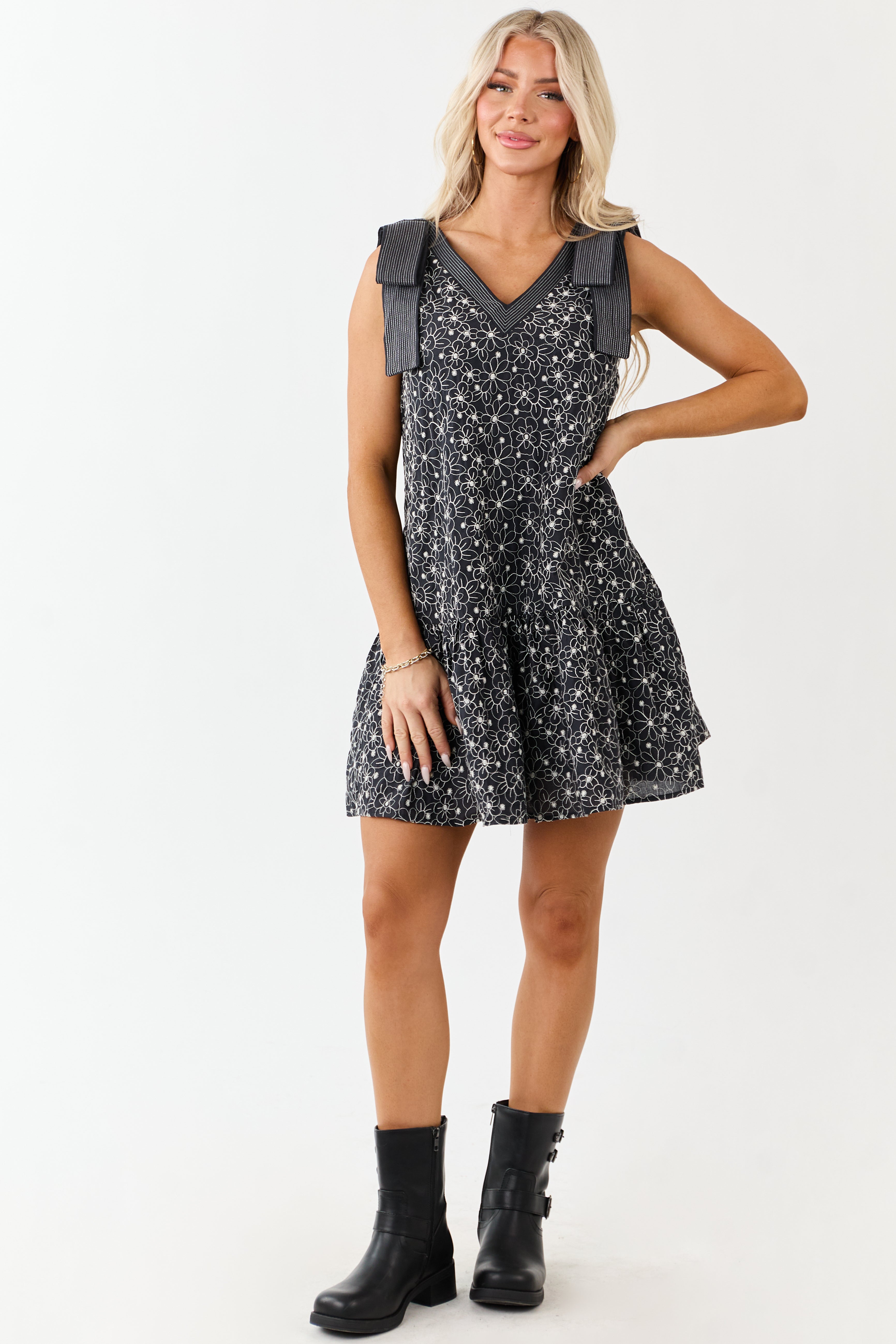 Entro Black Embroidered Floral Bow Strap Mini Dress