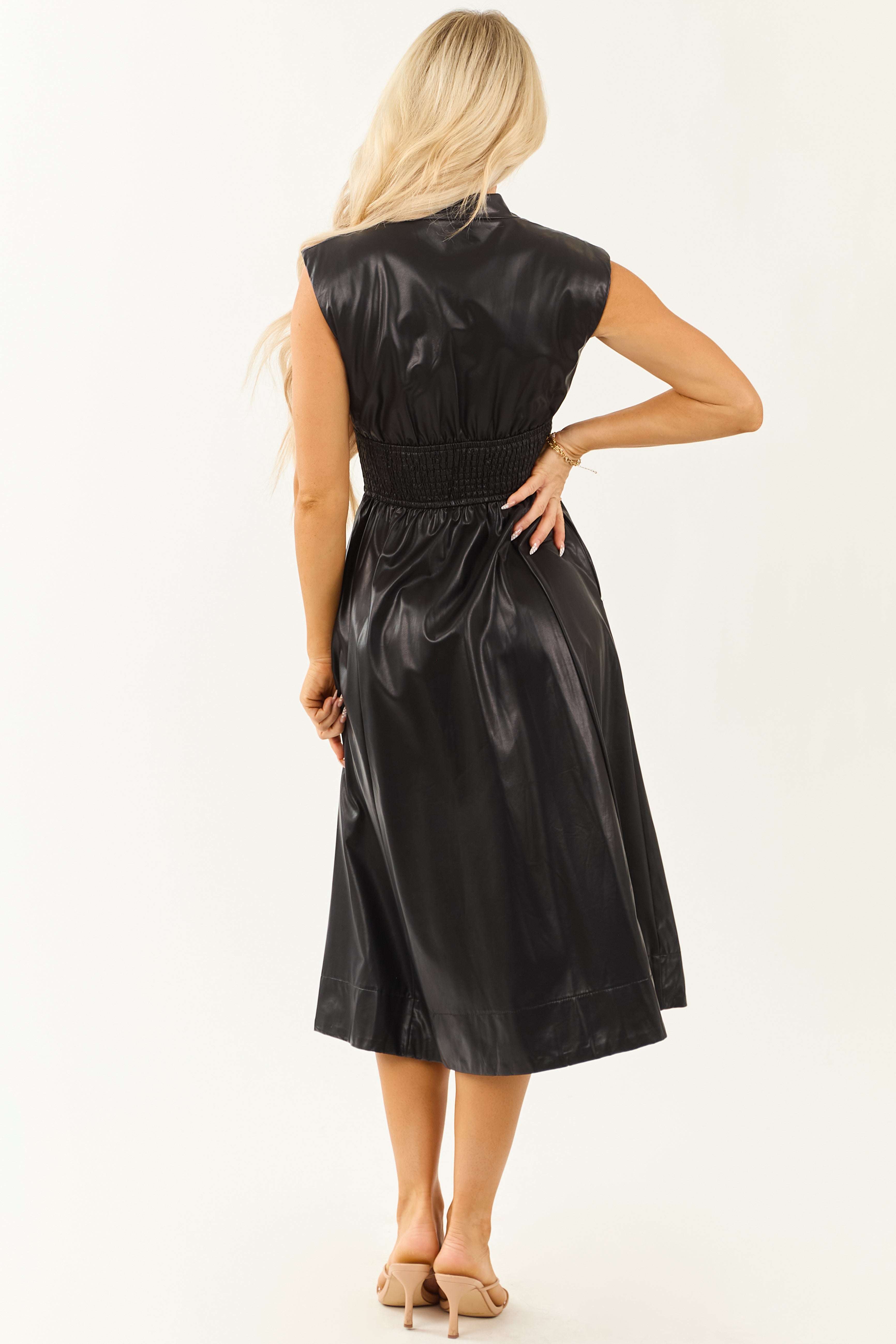 Entro Black Faux Leather Smocked Zip Up Midi Dress