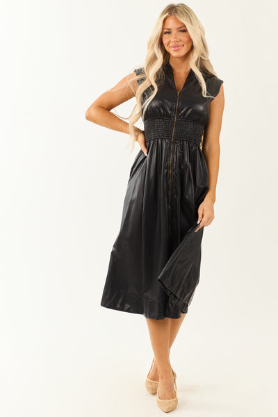 Entro Black Faux Leather Smocked Zip Up Midi Dress