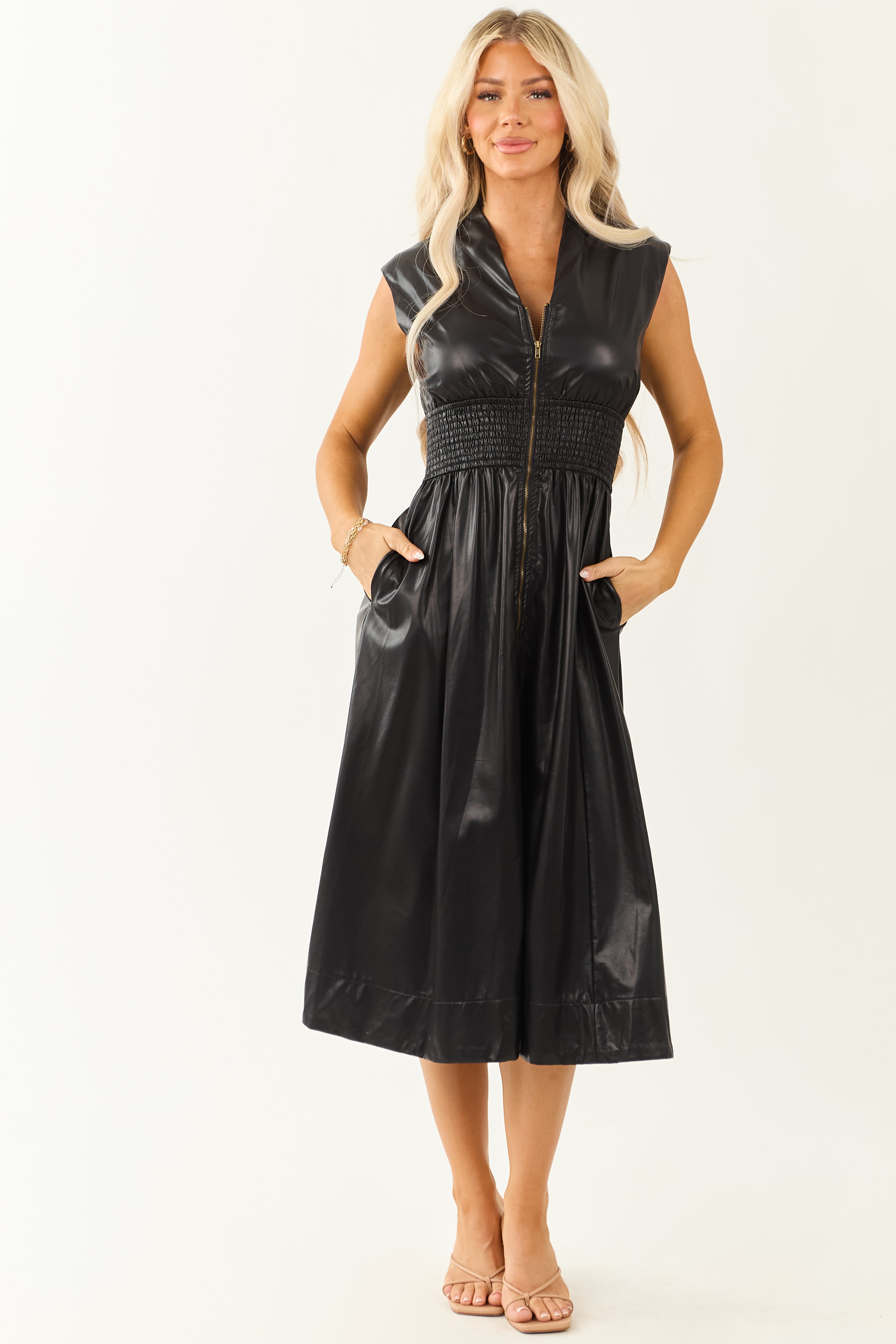 Entro Black Faux Leather Smocked Zip Up Midi Dress