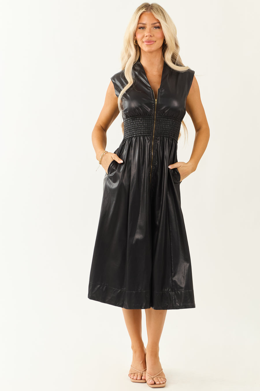 Entro Black Faux Leather Smocked Zip Up Midi Dress