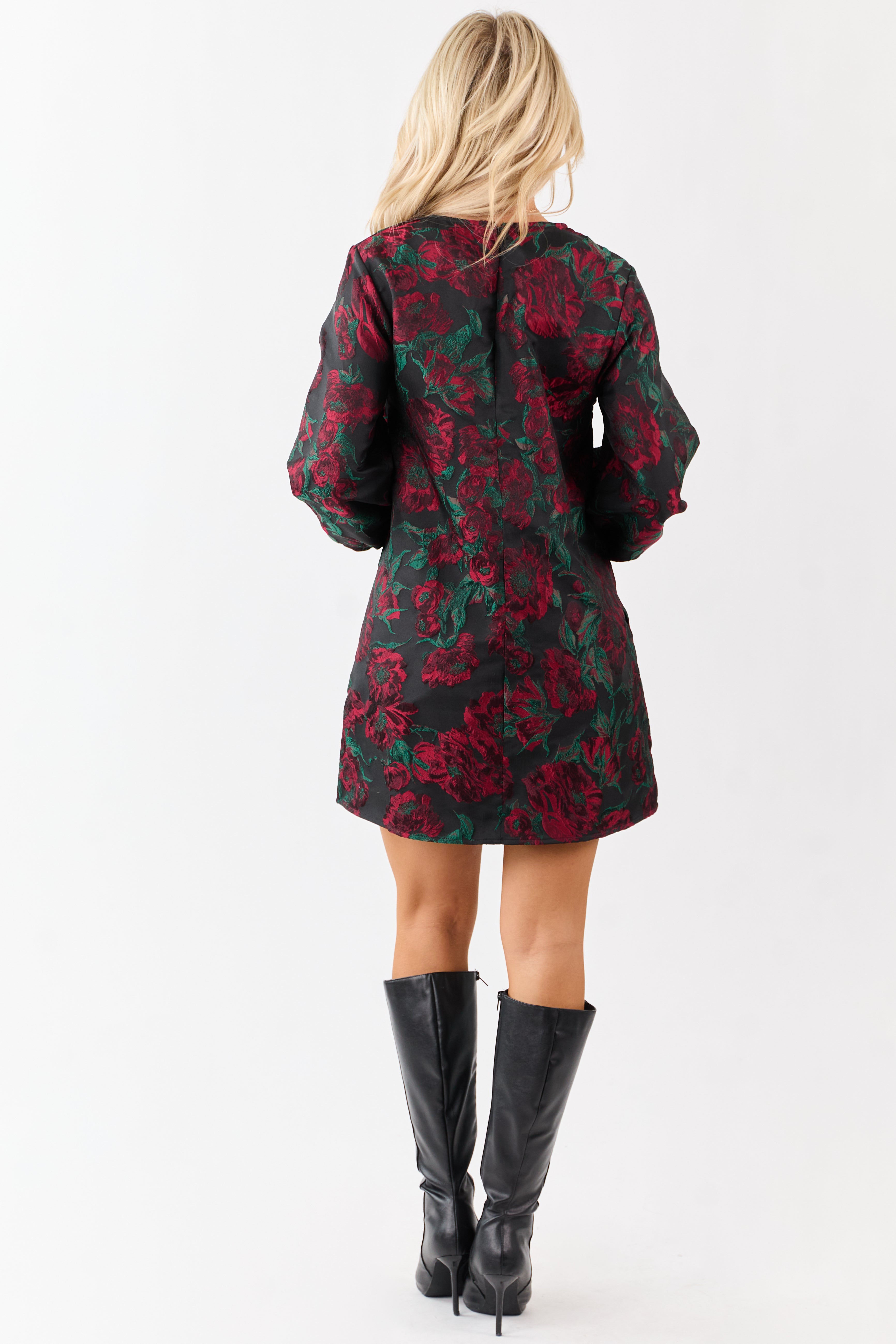 Entro Black Floral Jacquard Puff Sleeve Mini Dress
