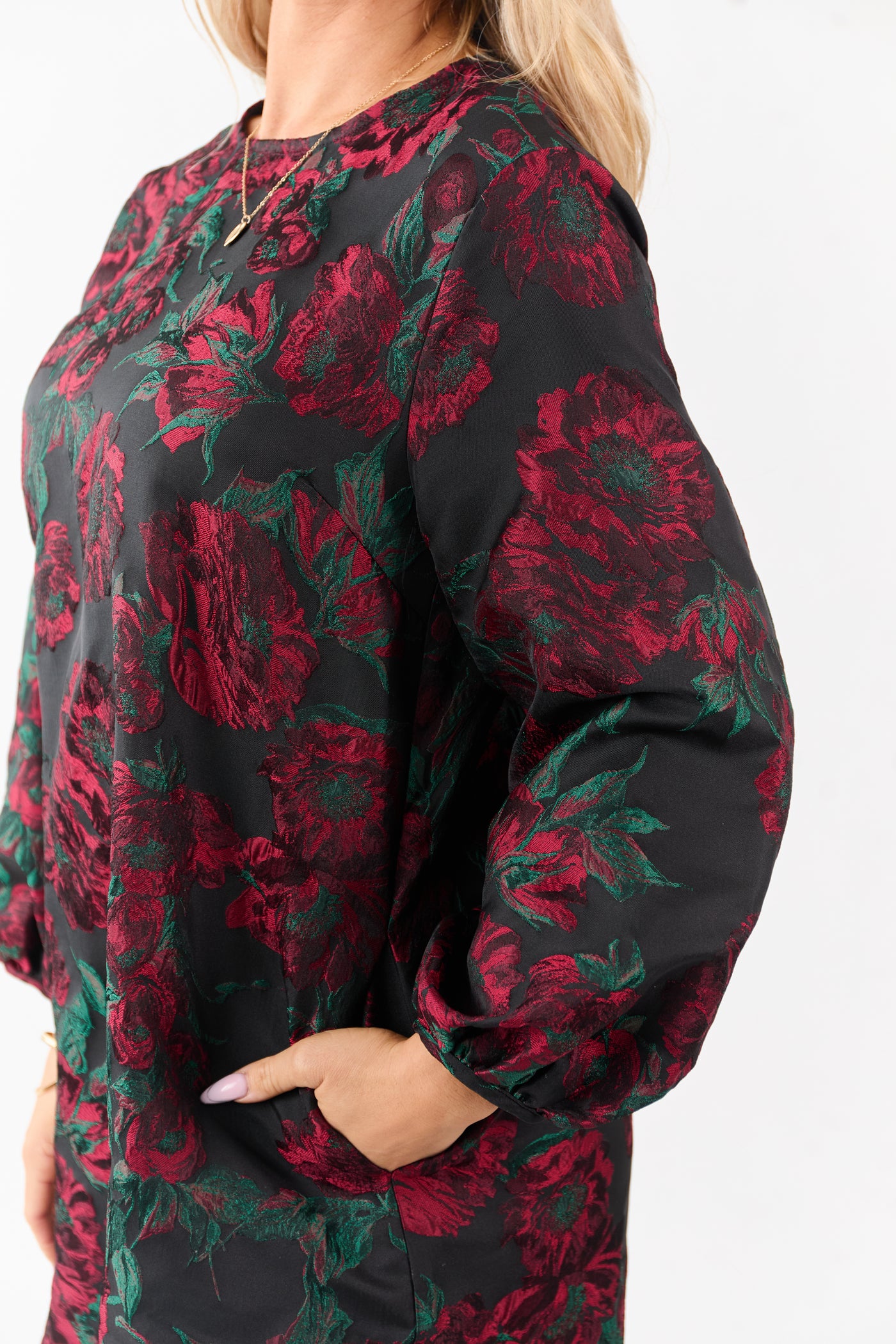 Entro Black Floral Jacquard Puff Sleeve Mini Dress