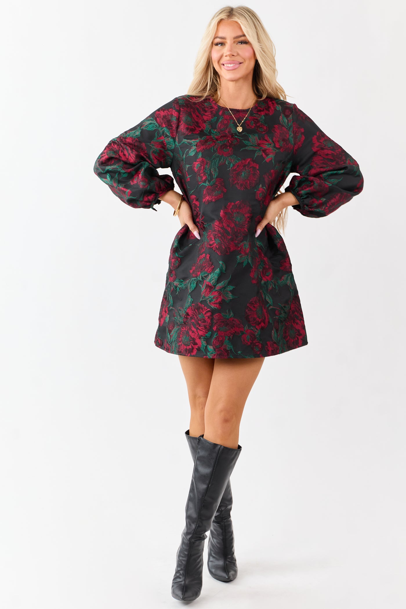 Entro Black Floral Jacquard Puff Sleeve Mini Dress