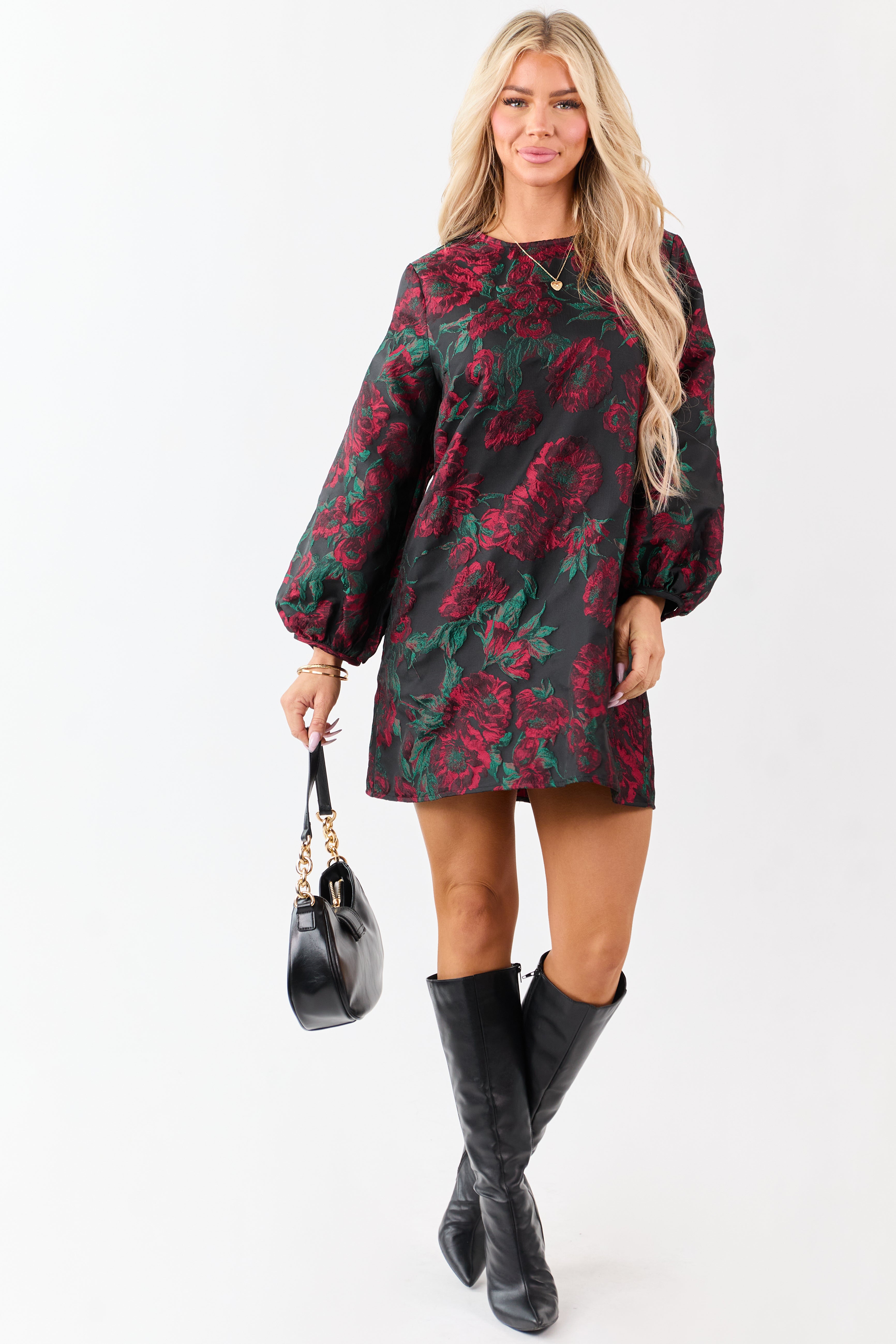 Entro Black Floral Jacquard Puff Sleeve Mini Dress