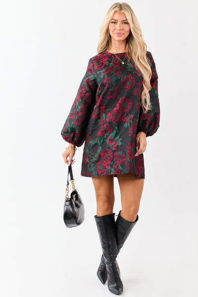 Entro Black Floral Jacquard Puff Sleeve Mini Dress