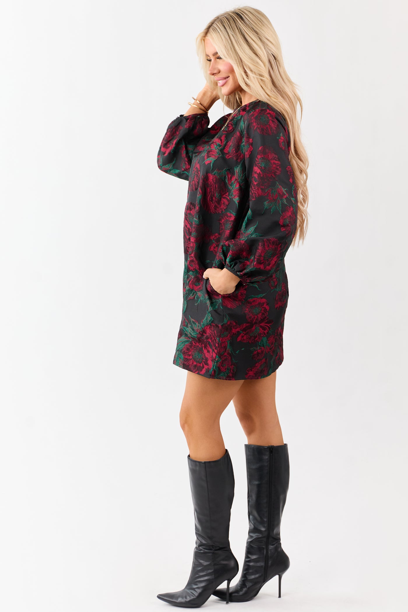 Entro Black Floral Jacquard Puff Sleeve Mini Dress