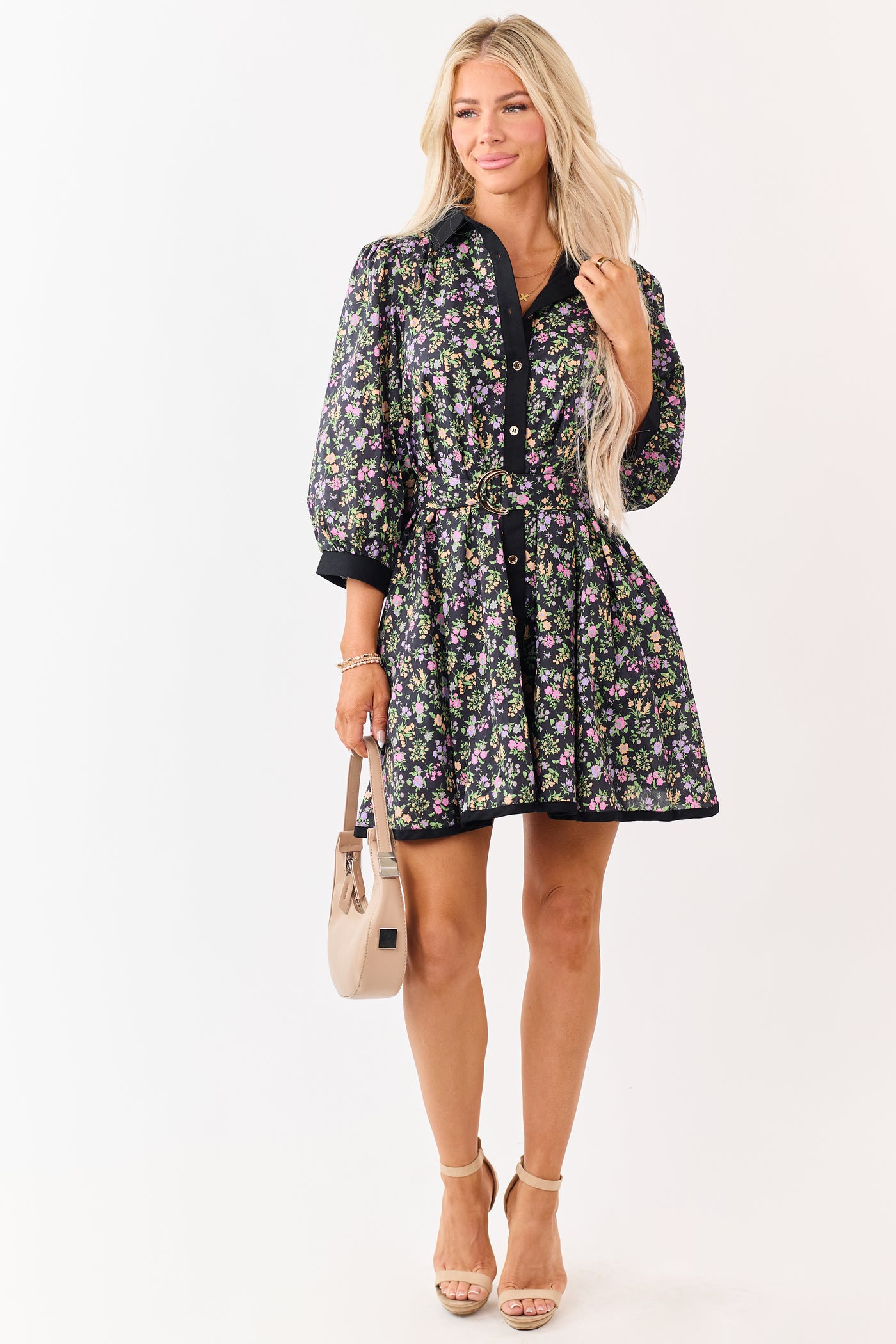 Entro Black Floral Print Cotton Mini Dress
