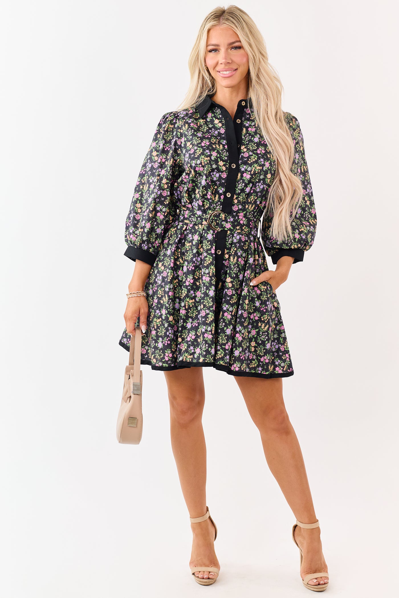 Entro Black Floral Print Cotton Mini Dress
