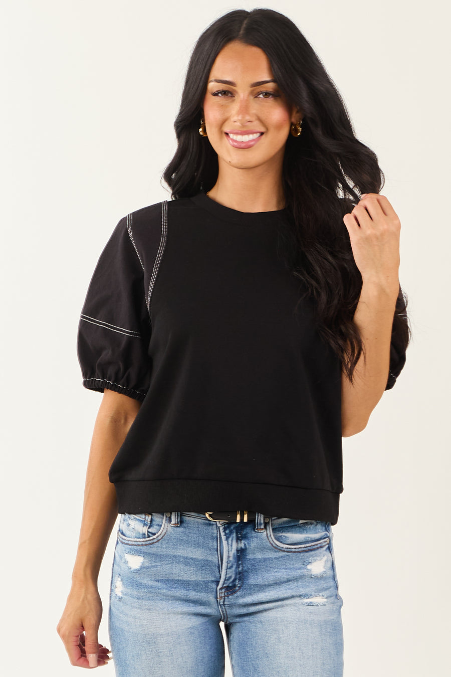 Entro Black Half Puff Sleeve Contrast Seam Cotton Top