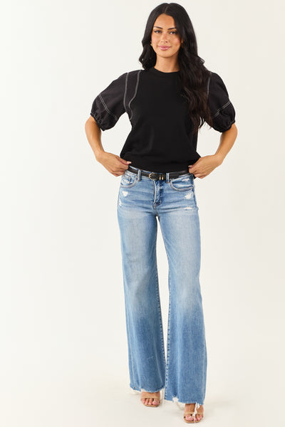 Entro Black Half Puff Sleeve Contrast Seam Cotton Top