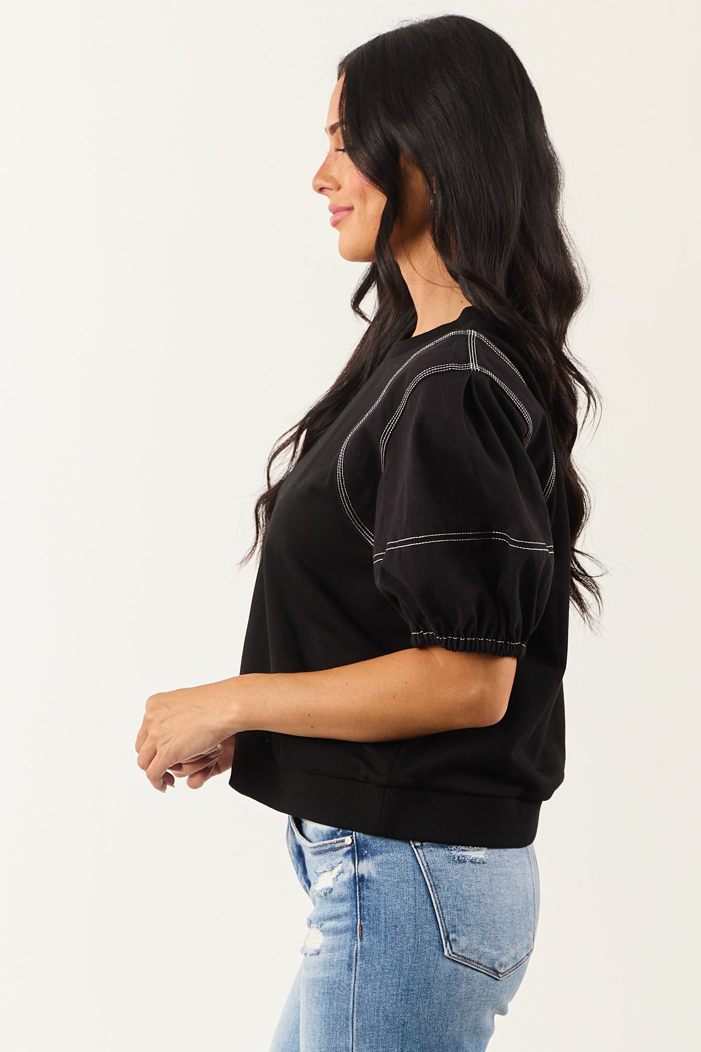 Entro Black Half Puff Sleeve Contrast Seam Cotton Top