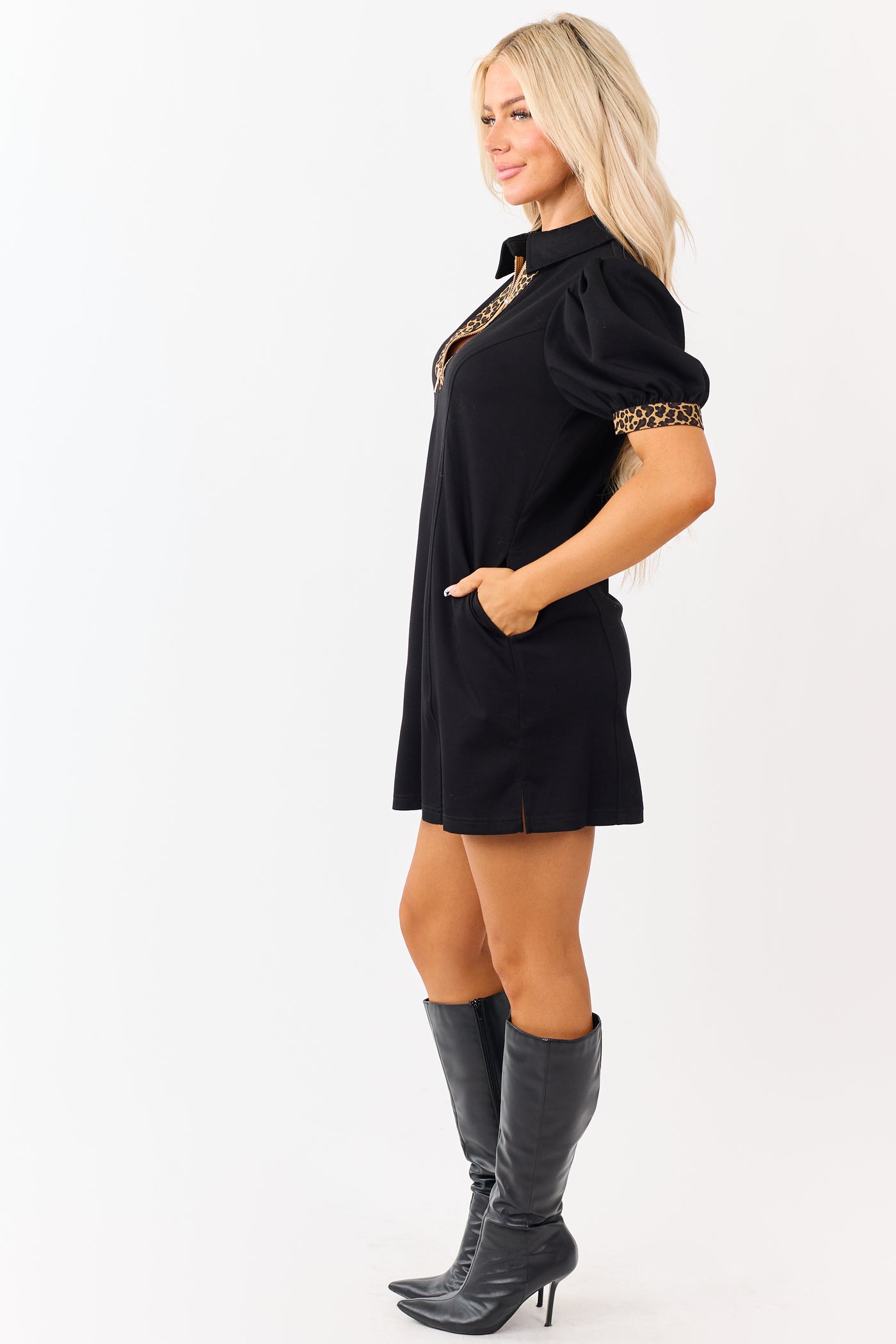 Entro Black Leopard Trim Quarter Zip Mini Dress