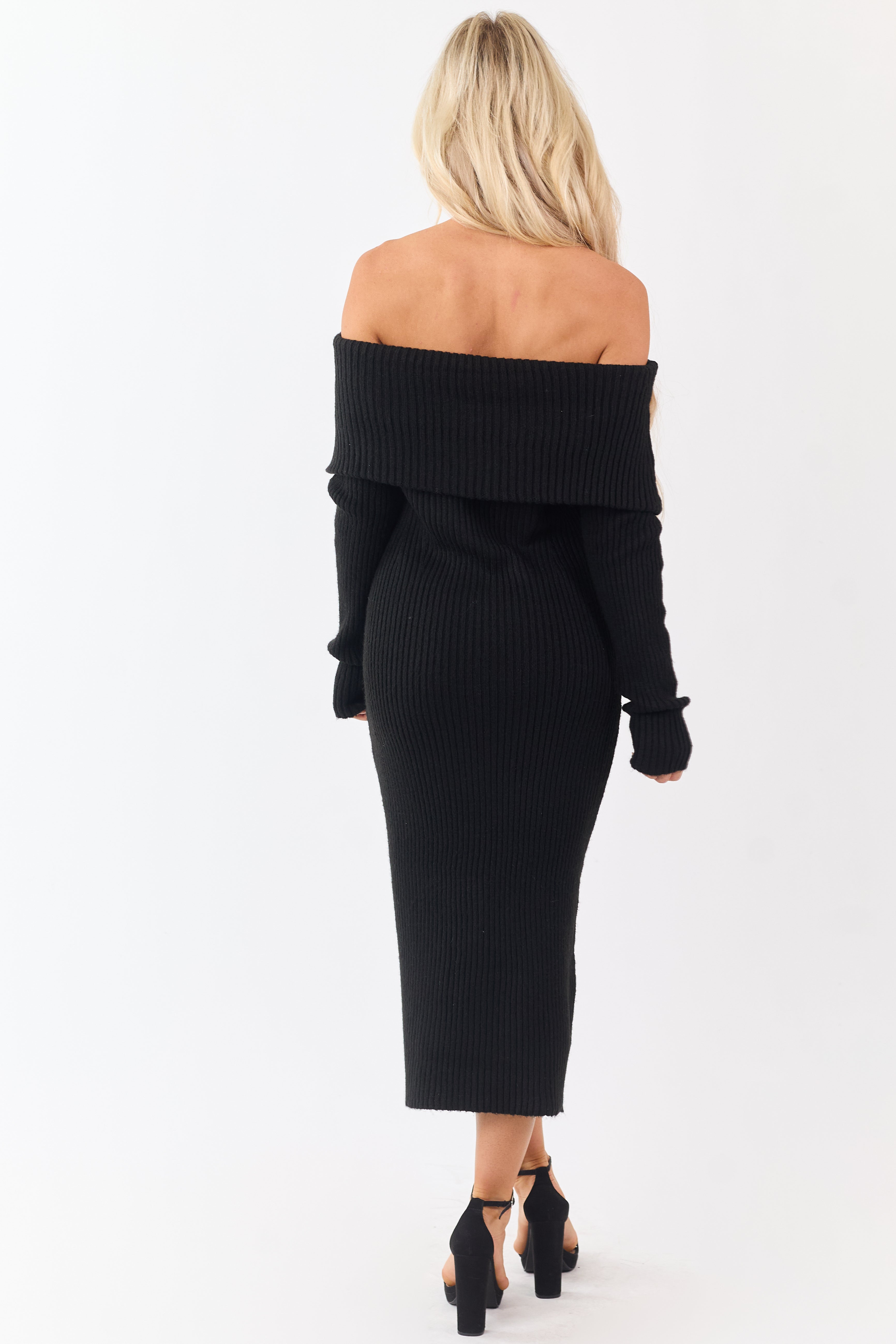 Entro Black Ribbed Knit Off Shoulder Midi Dress