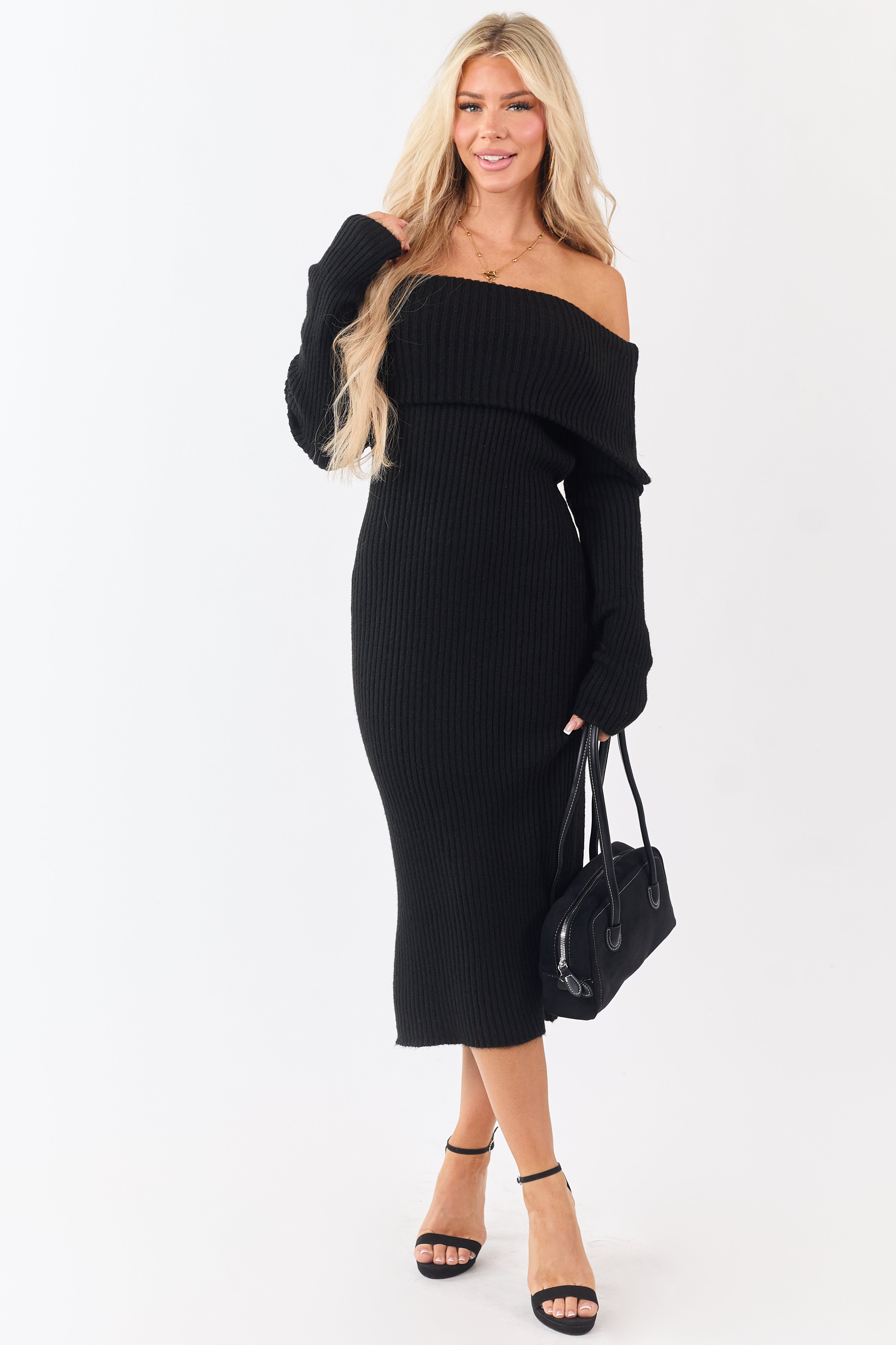 Entro Black Ribbed Knit Off Shoulder Midi Dress Entro Black Ribbed Knit Off Shoulder Midi Dress