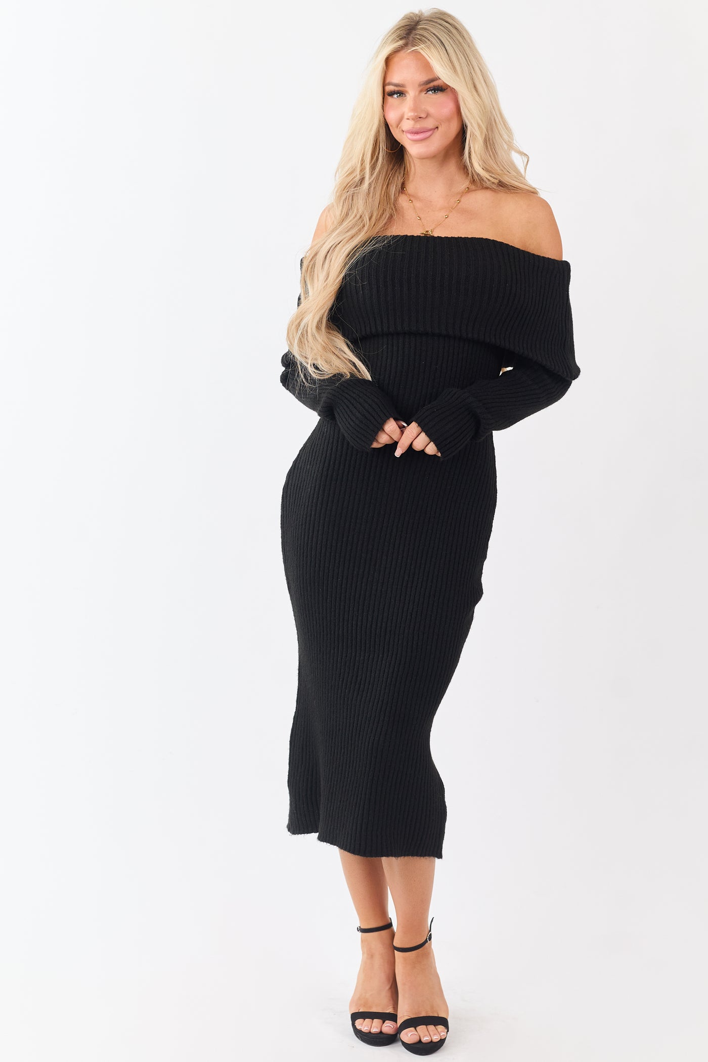 cold shoulder midi dress black Black Midi Dress - Long Sleeve Dress - Off-the-Shoulder Dress