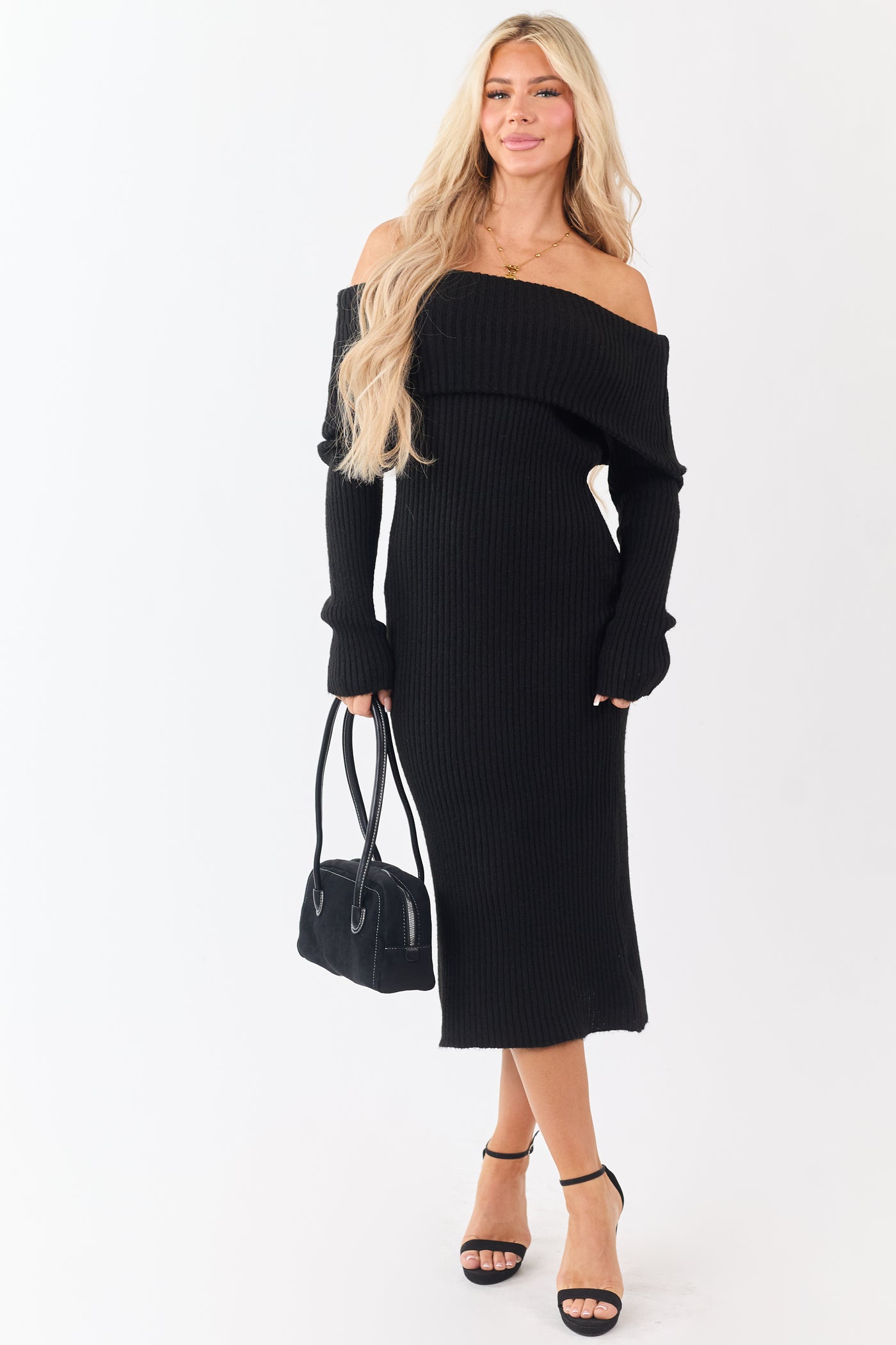 Entro Black Ribbed Knit Off Shoulder Midi Dress