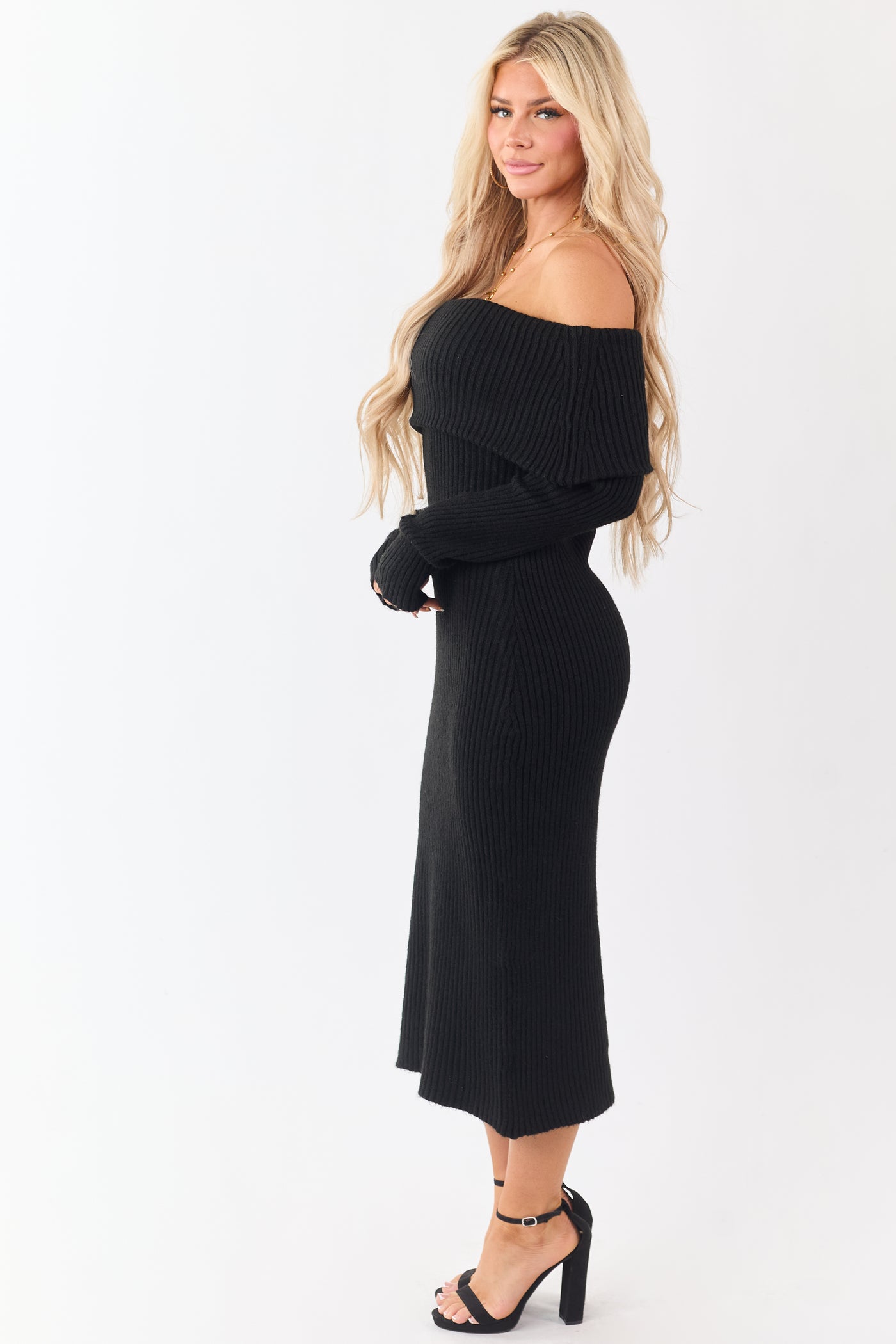 Entro Black Ribbed Knit Off Shoulder Midi Dress