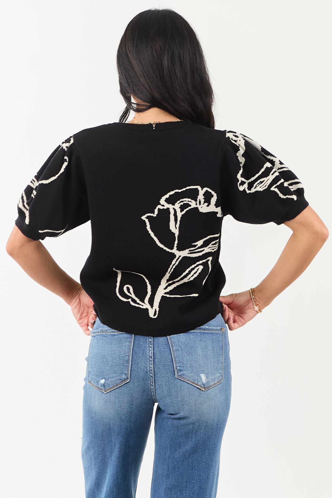 Entro Black Rose Graphic Puff Sleeve Sweater Top