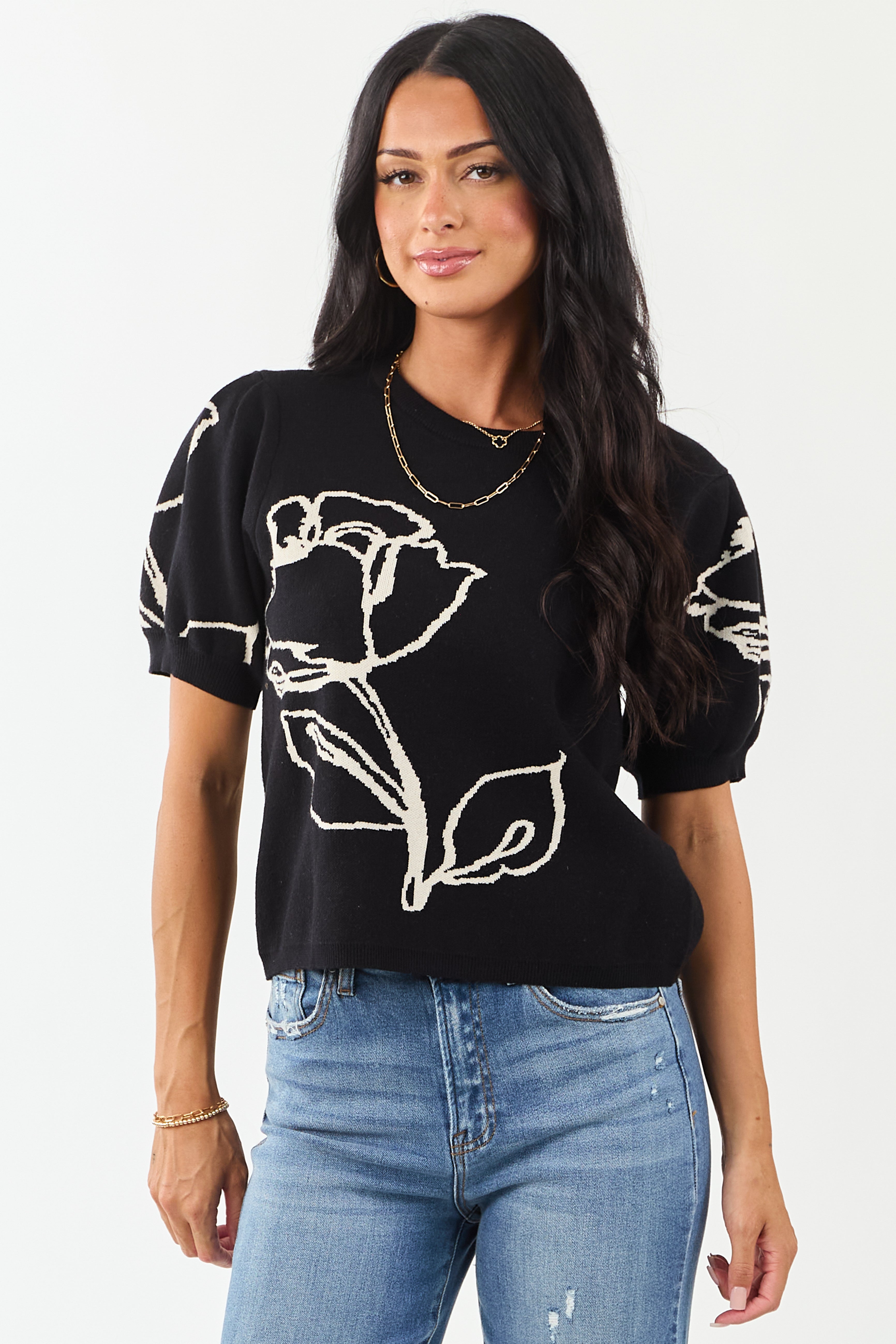 Entro Black Rose Graphic Puff Sleeve Sweater Top