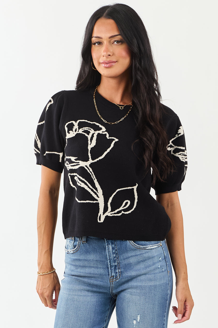 Entro Black Rose Graphic Puff Sleeve Sweater Top