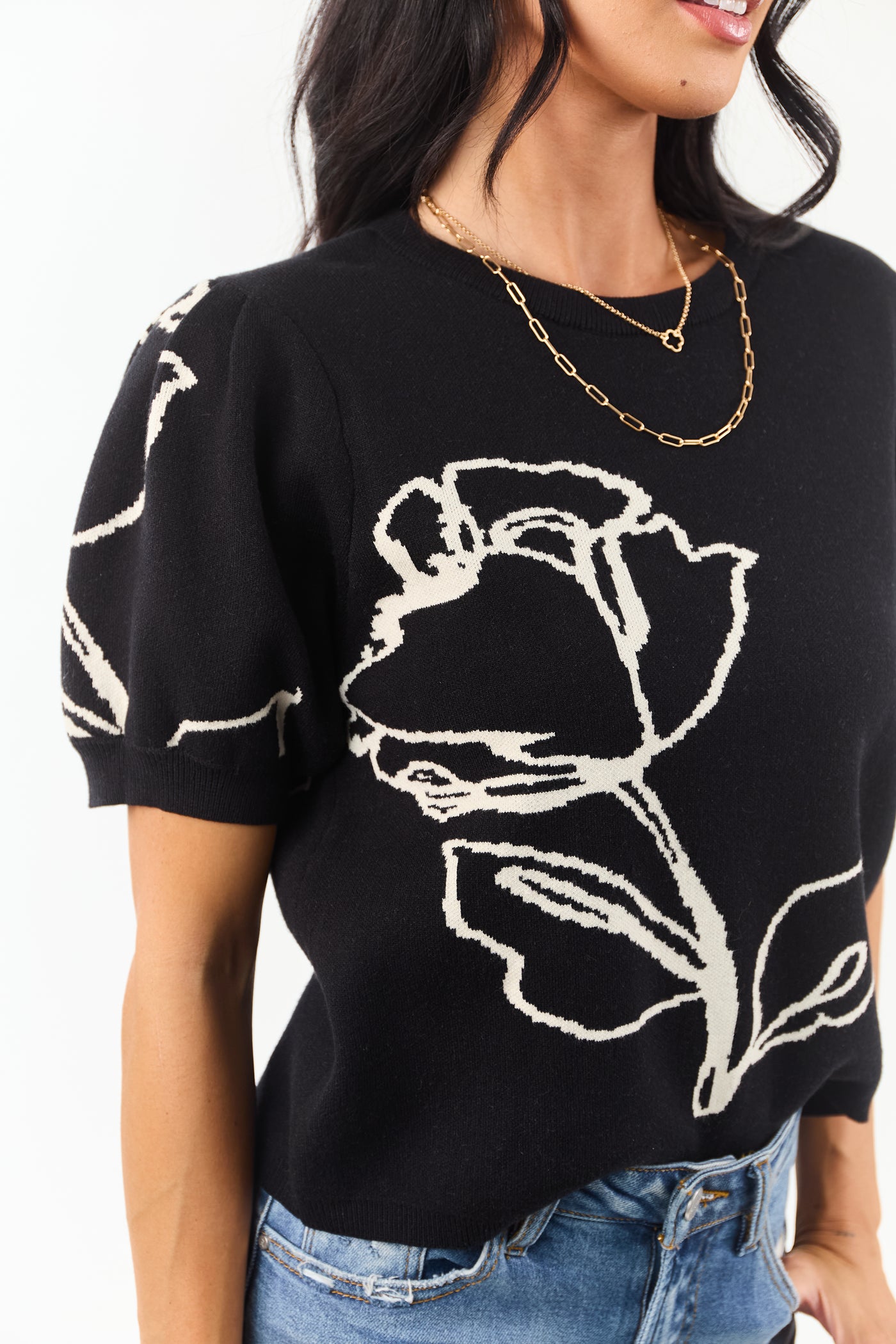 Entro Black Rose Graphic Puff Sleeve Sweater Top