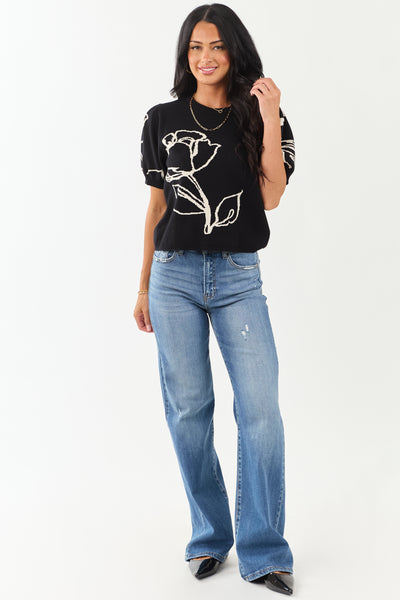 Entro Black Rose Graphic Puff Sleeve Sweater Top