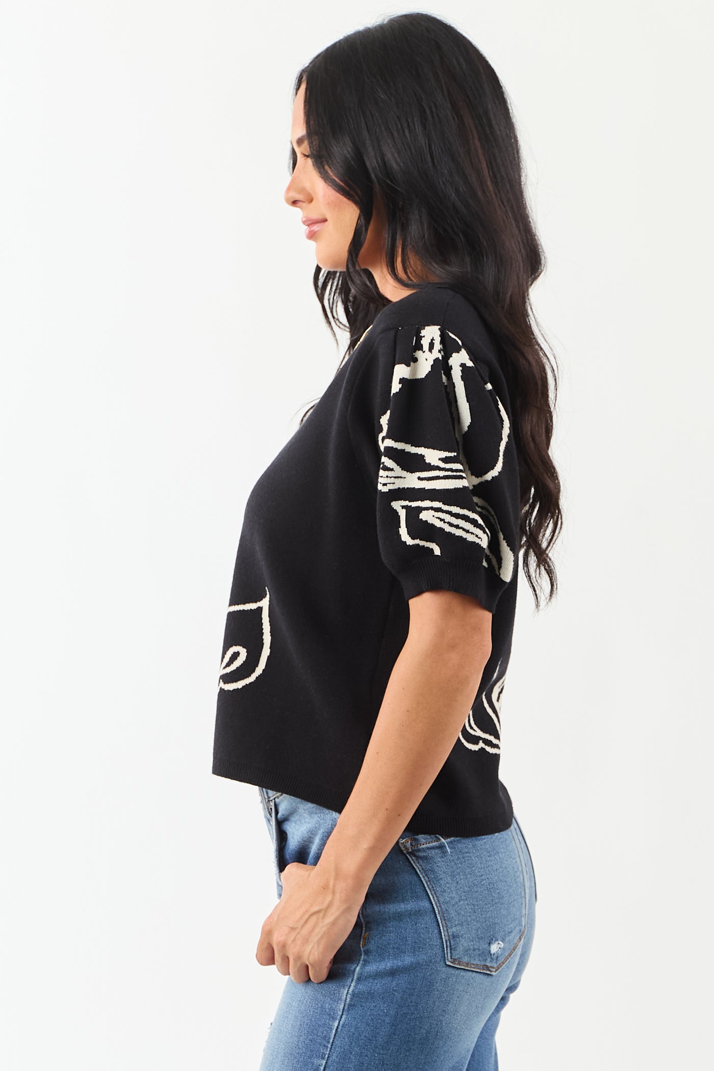Entro Black Rose Graphic Puff Sleeve Sweater Top