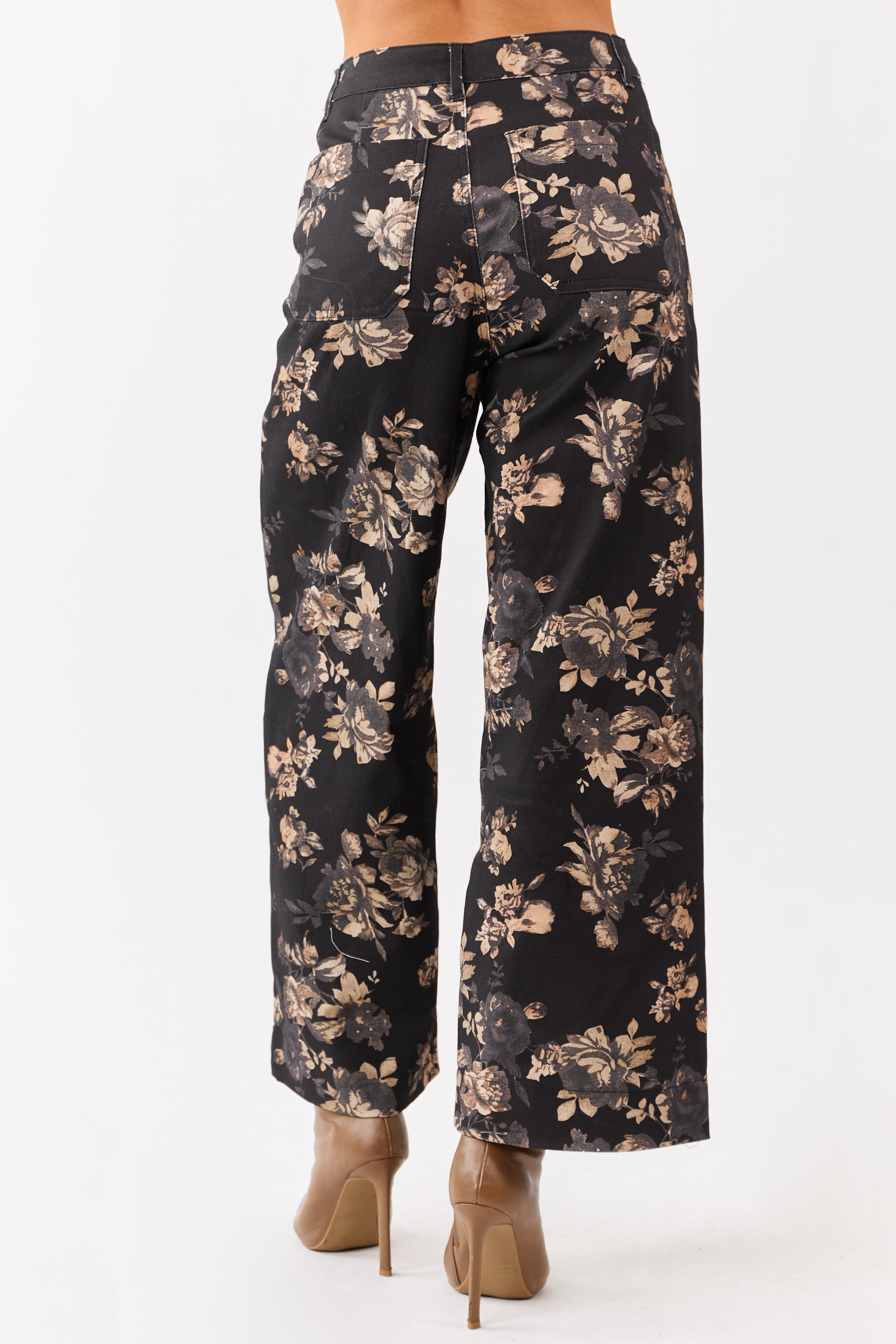 Entro Black Rose Print Wide Leg High Rise Denim Pants