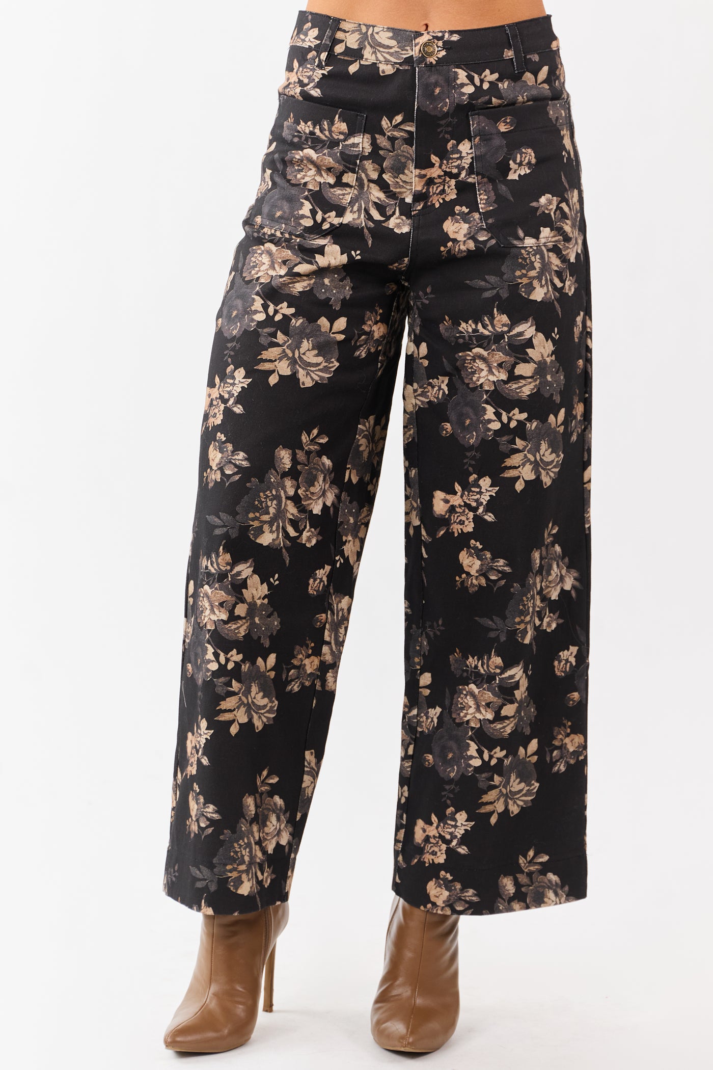 Entro Black Rose Print Wide Leg High Rise Denim Pants