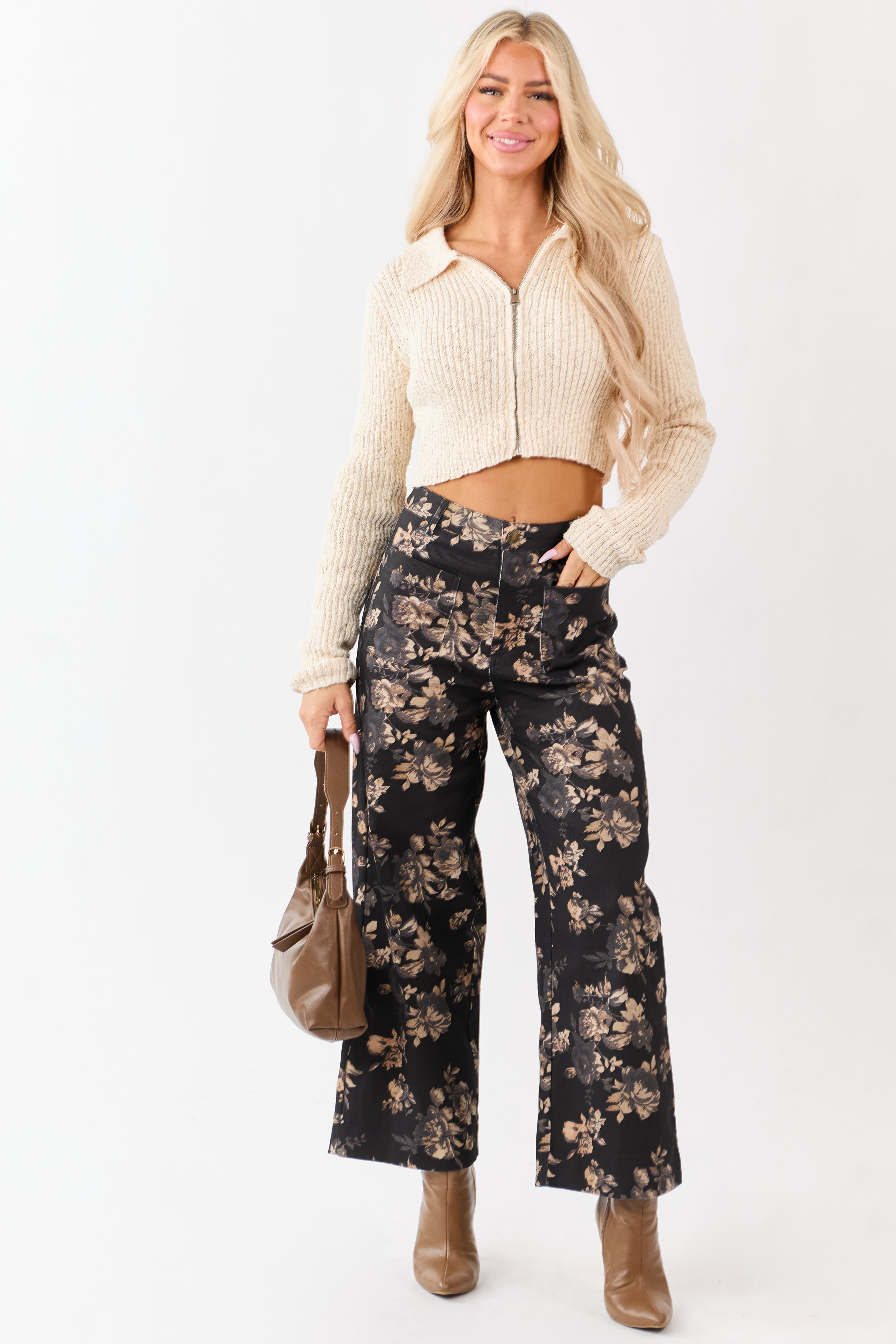 Entro Black Rose Print Wide Leg High Rise Denim Pants