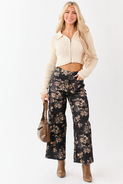 Entro Black Rose Print Wide Leg High Rise Denim Pants