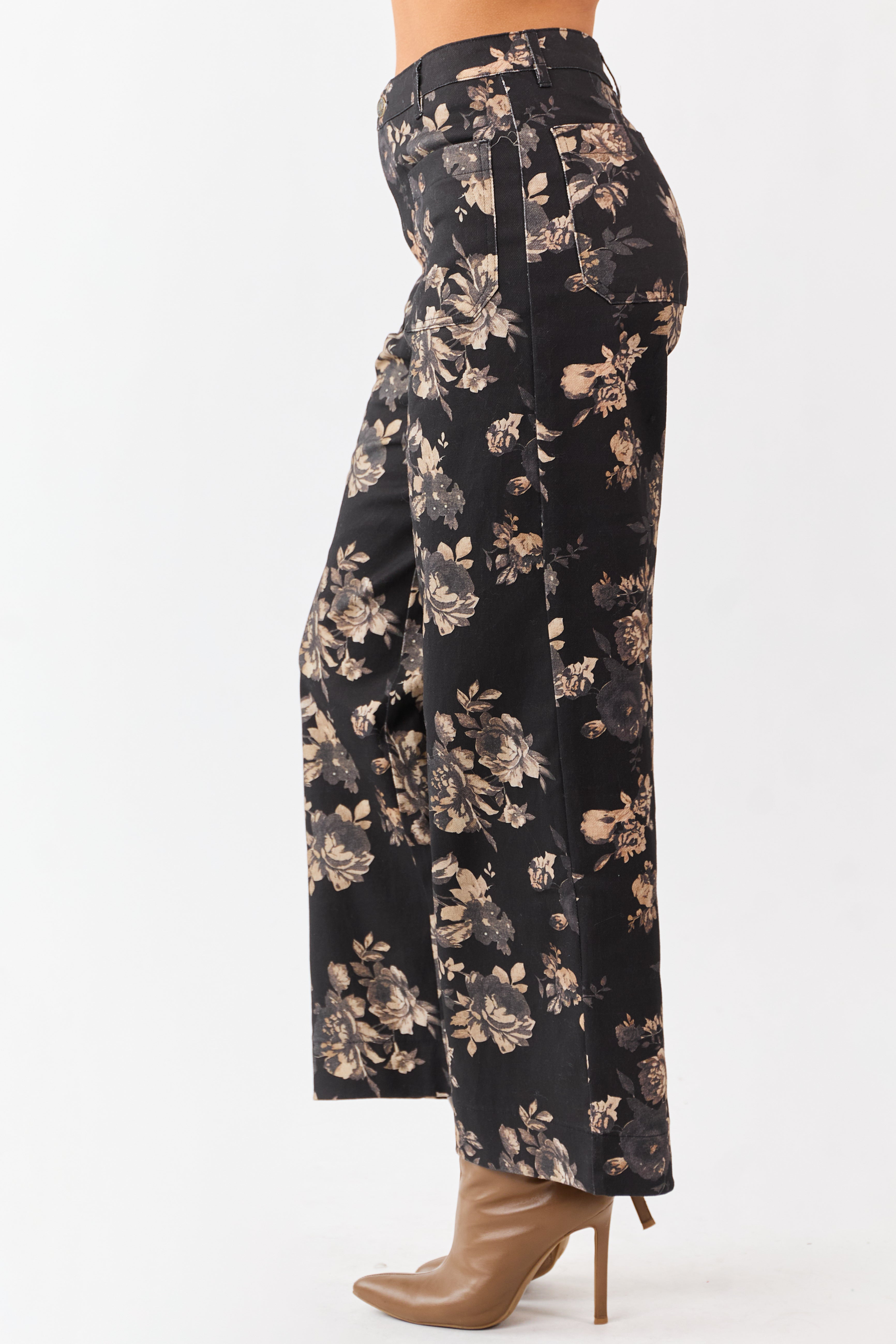 Entro Black Rose Print Wide Leg High Rise Denim Pants