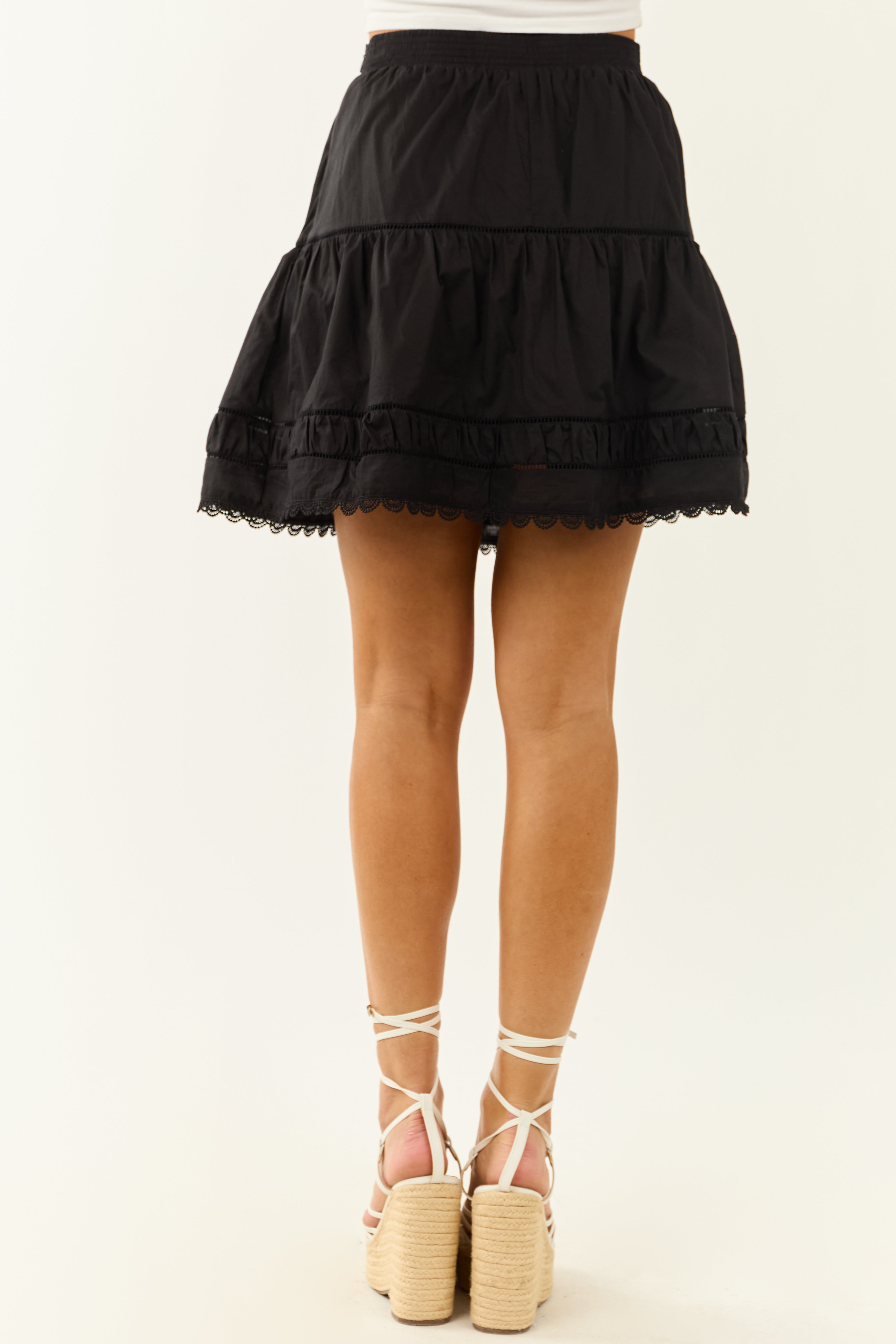 Entro Black Scalloped Lace Hem Cotton Short Skirt | Lime Lush Boutique