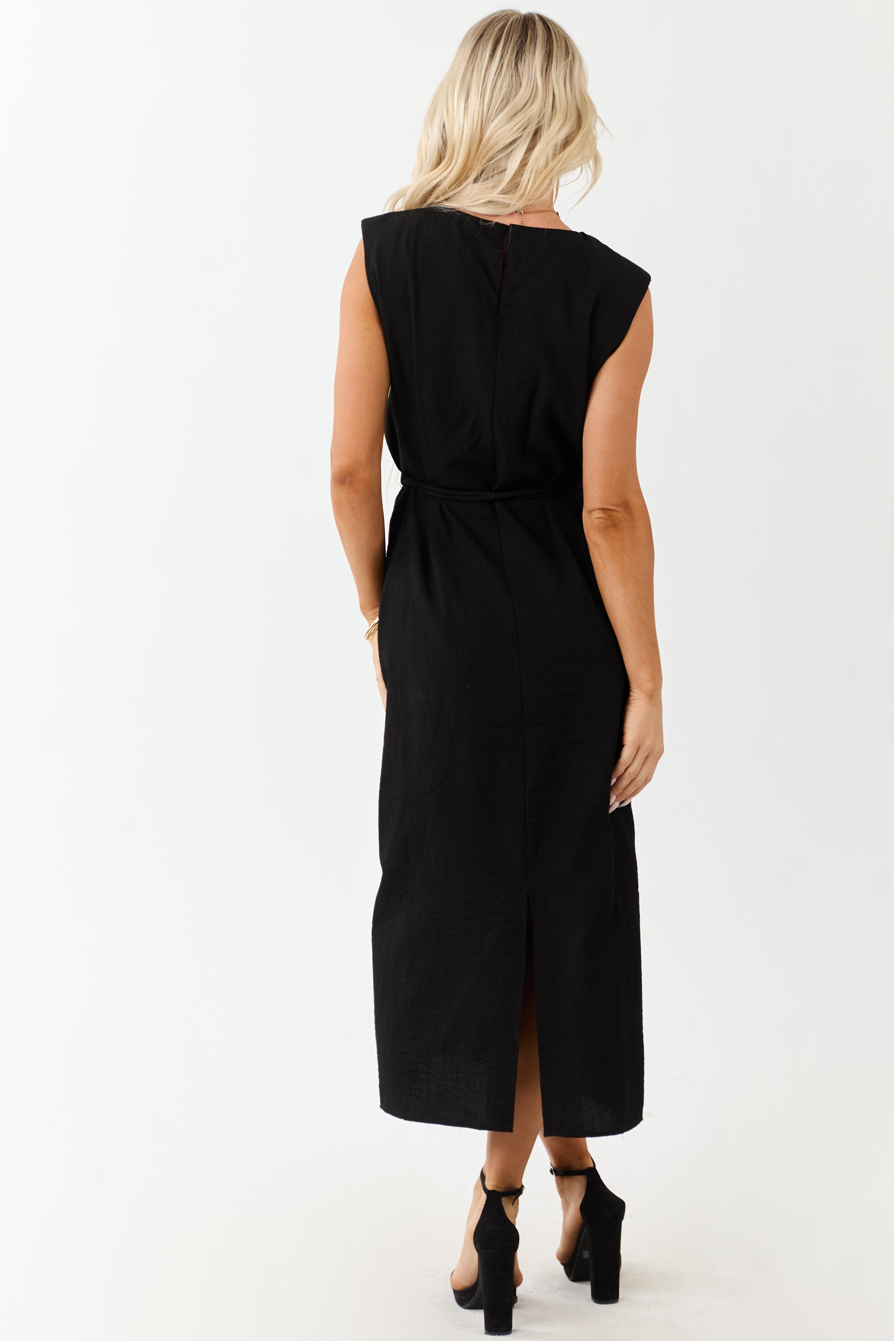 Entro Black Sleeveless Belt Tie Midi Dress