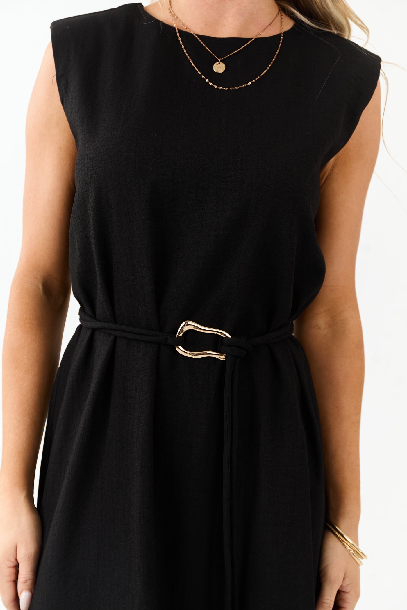 Entro Black Sleeveless Belt Tie Midi Dress