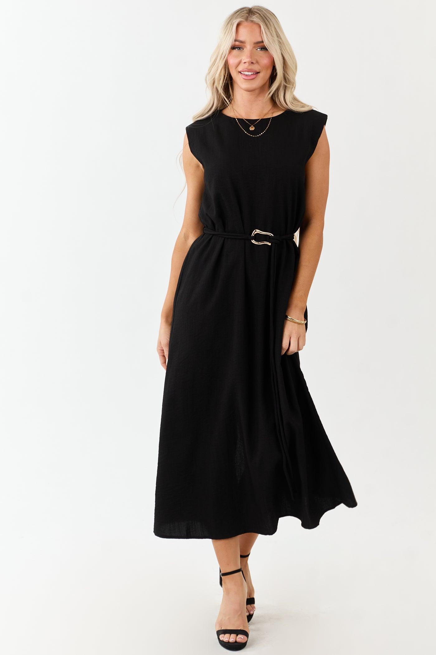 Entro Black Sleeveless Belt Tie Midi Dress