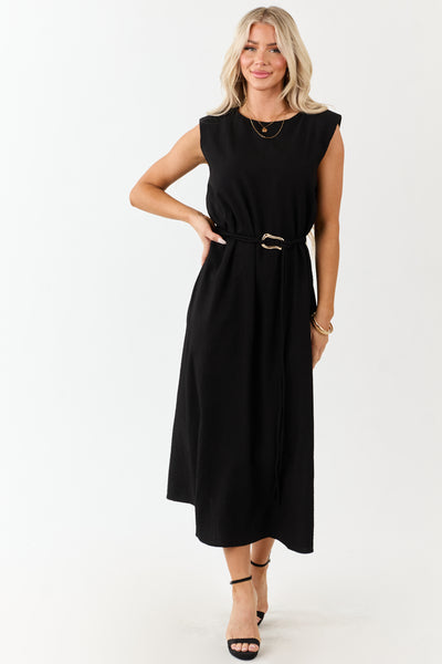 Entro Black Sleeveless Belt Tie Midi Dress