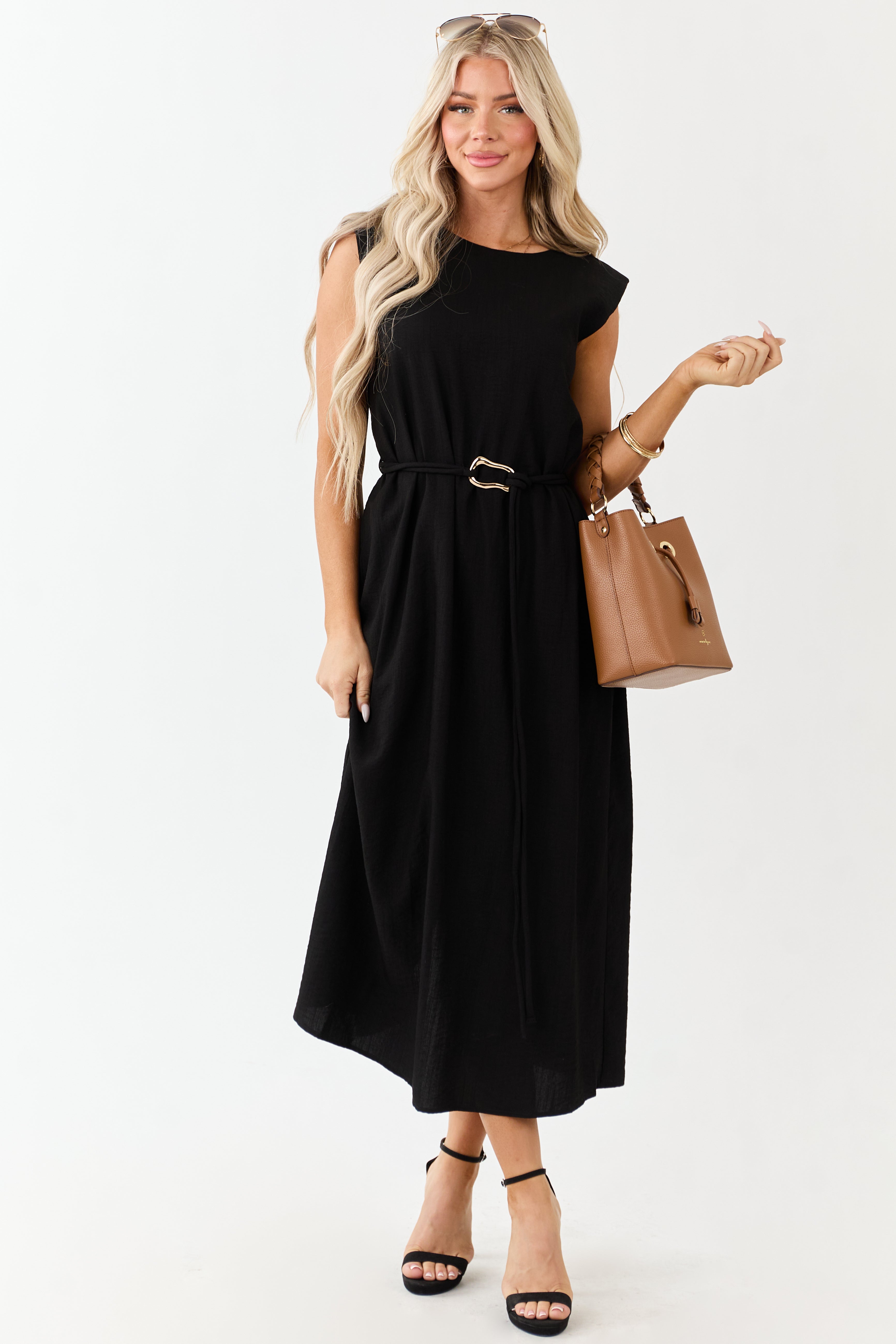 Entro Black Sleeveless Belt Tie Midi Dress | Lime Lush Boutique Entro Black Sleeveless Belt Tie Midi Dress | Lime Lush Boutique