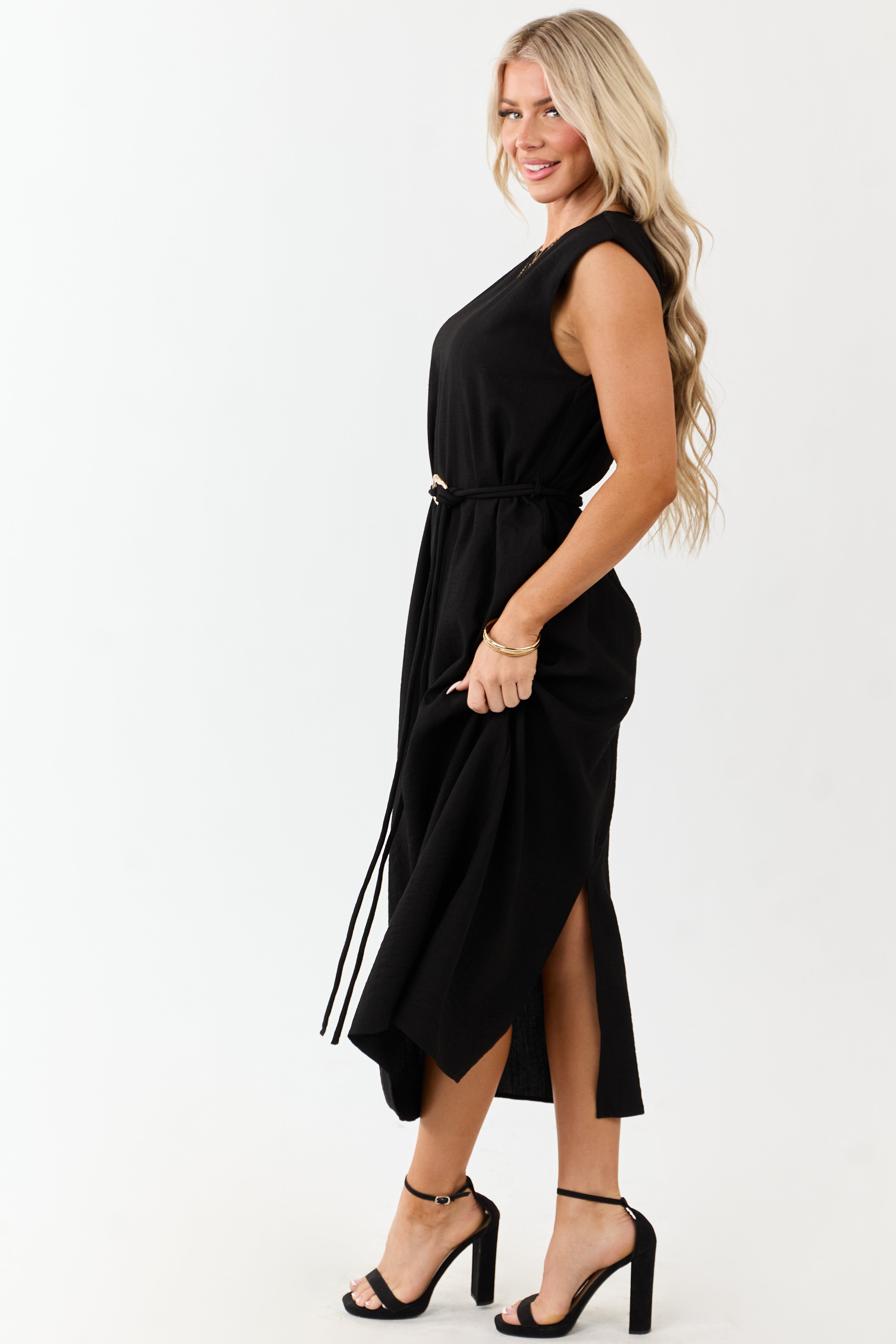 Entro Black Sleeveless Belt Tie Midi Dress