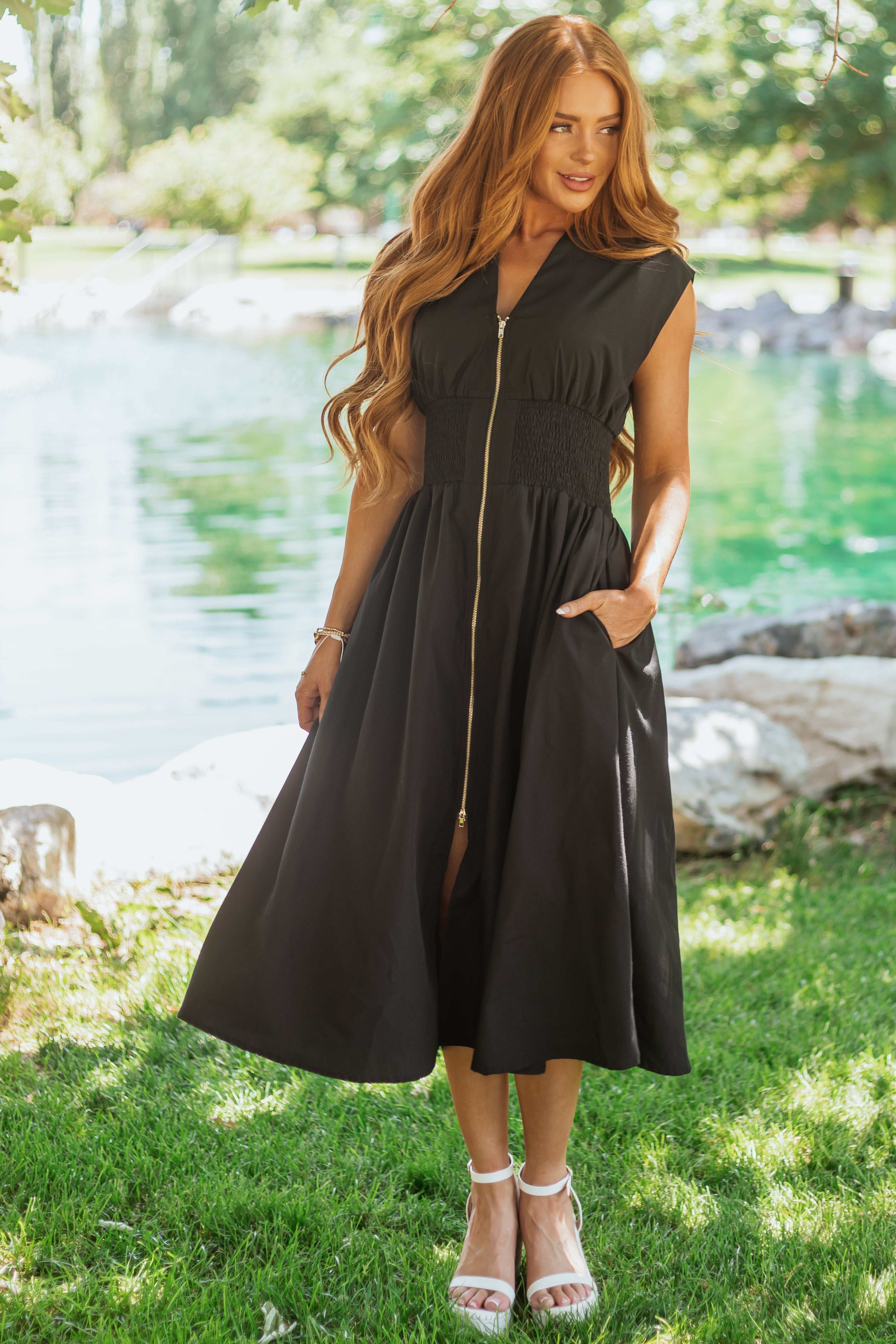 Entro Black Sleeveless Zipper Front Midi Dress