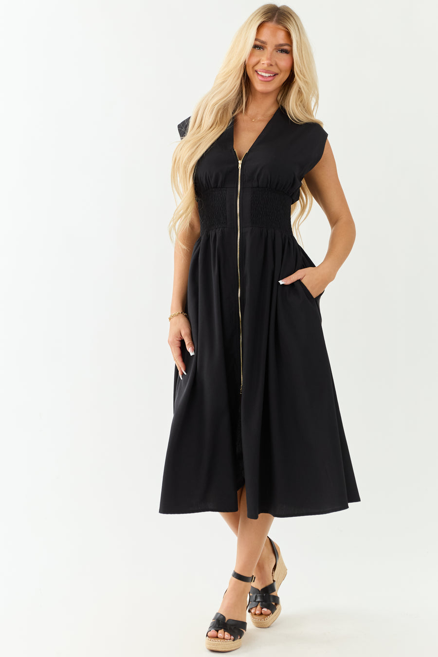 Entro Black Sleeveless Zipper Front Midi Dress