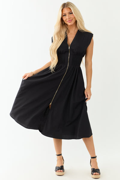 Entro Black Sleeveless Zipper Front Midi Dress
