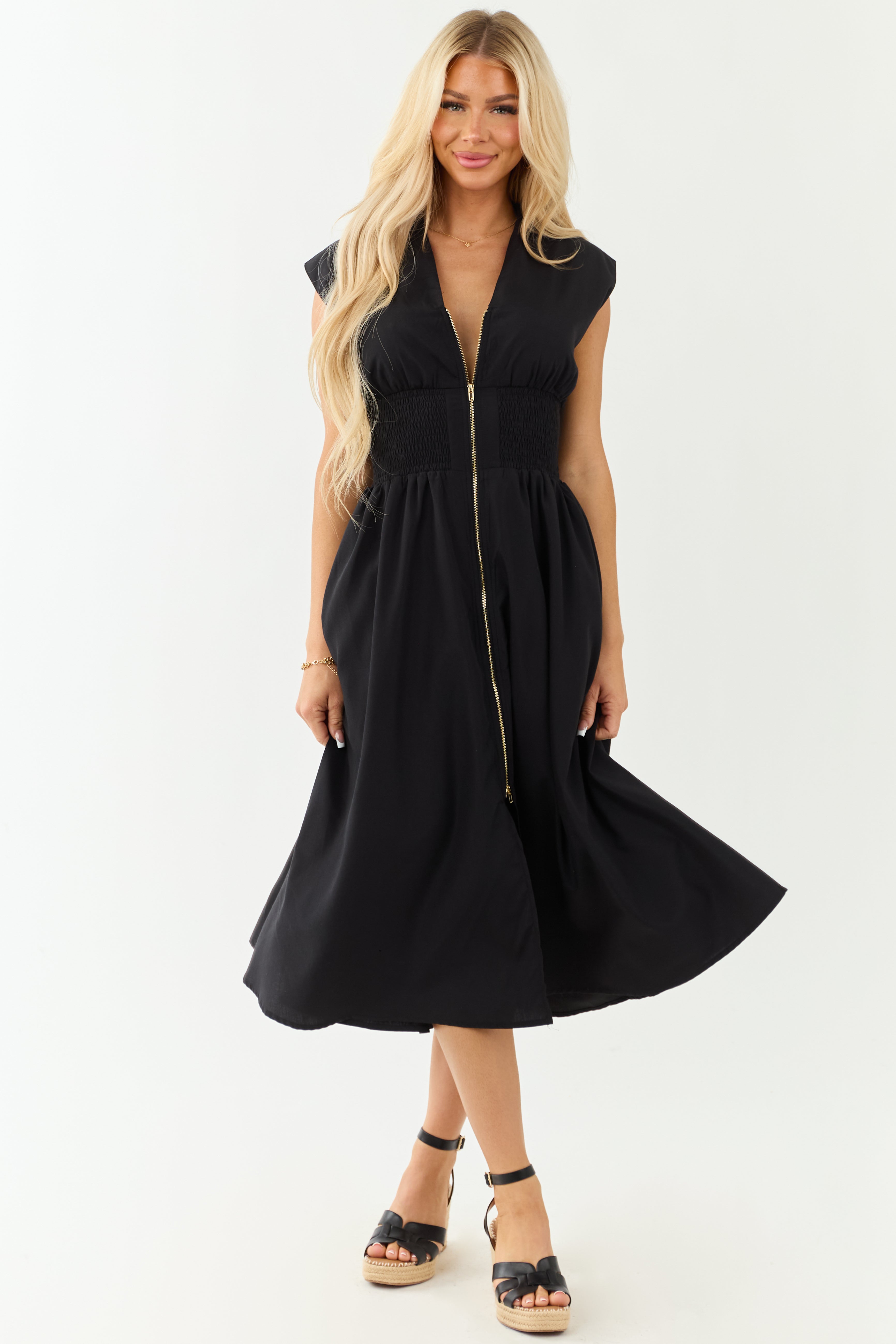 Entro Black Sleeveless Zipper Front Midi Dress