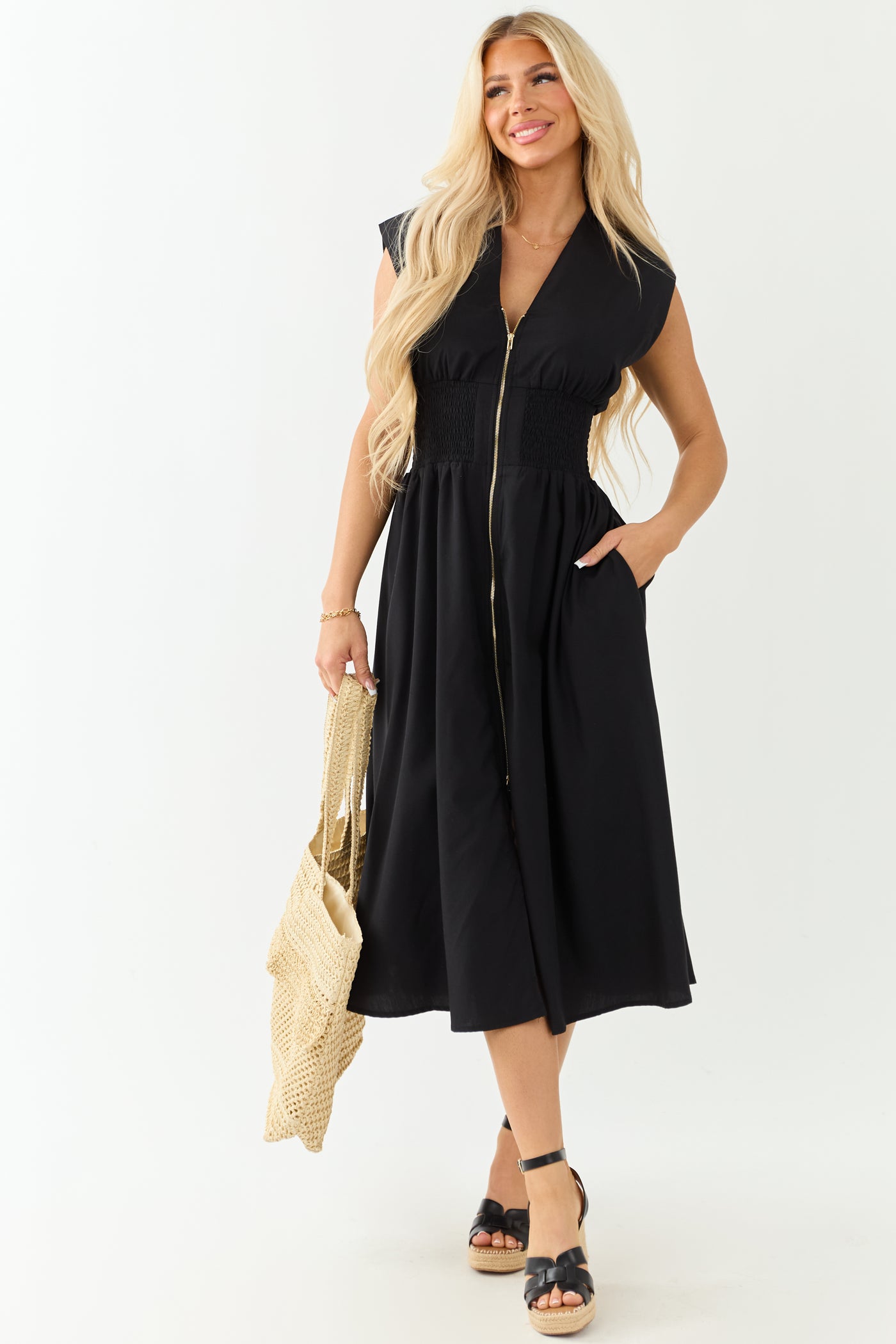 Entro Black Sleeveless Zipper Front Midi Dress
