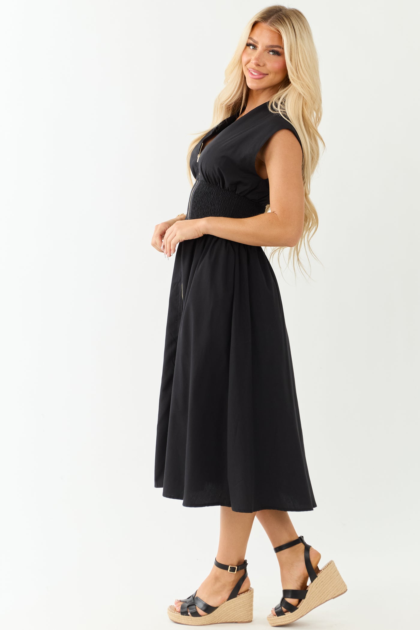 Entro Black Sleeveless Zipper Front Midi Dress