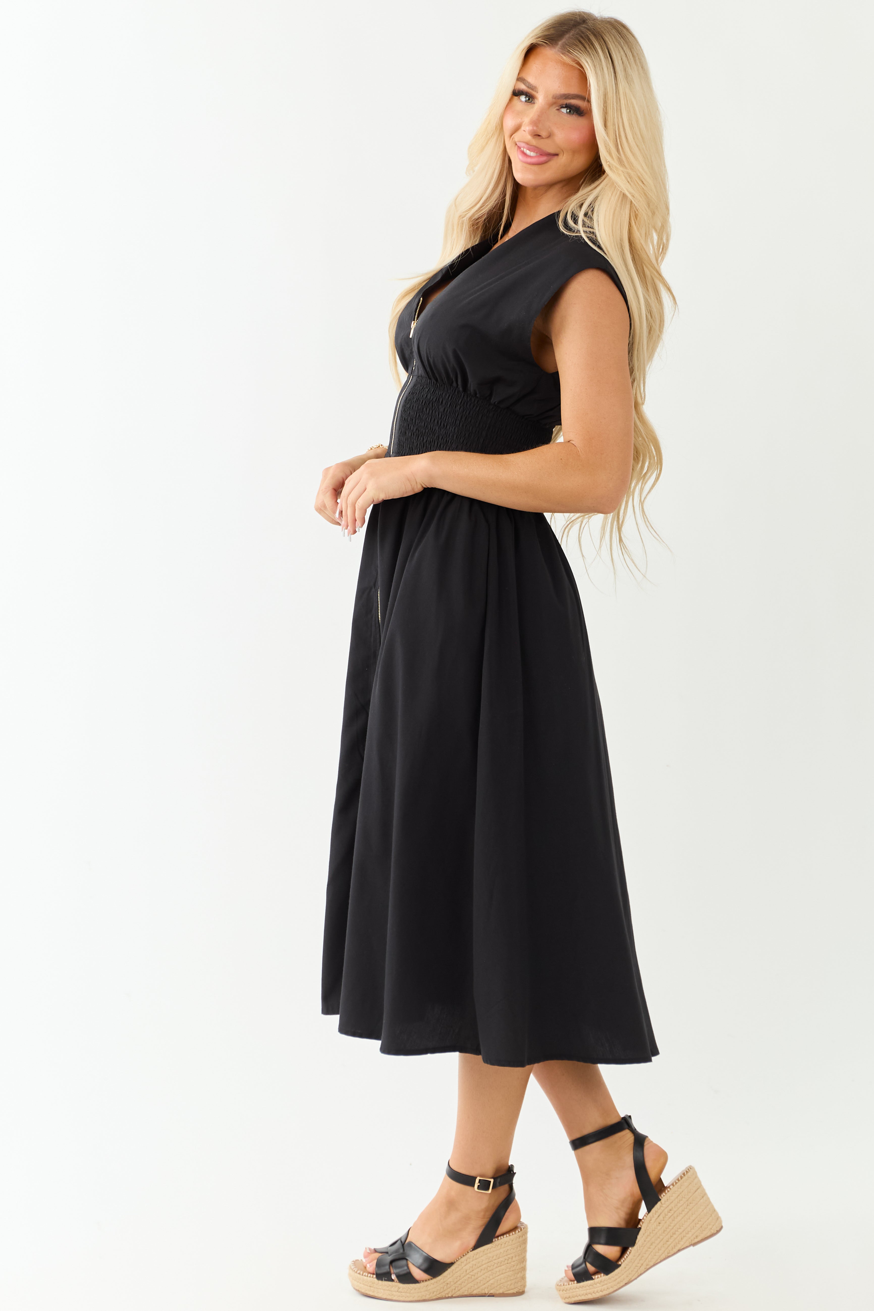 Entro Black Sleeveless Zipper Front Midi Dress