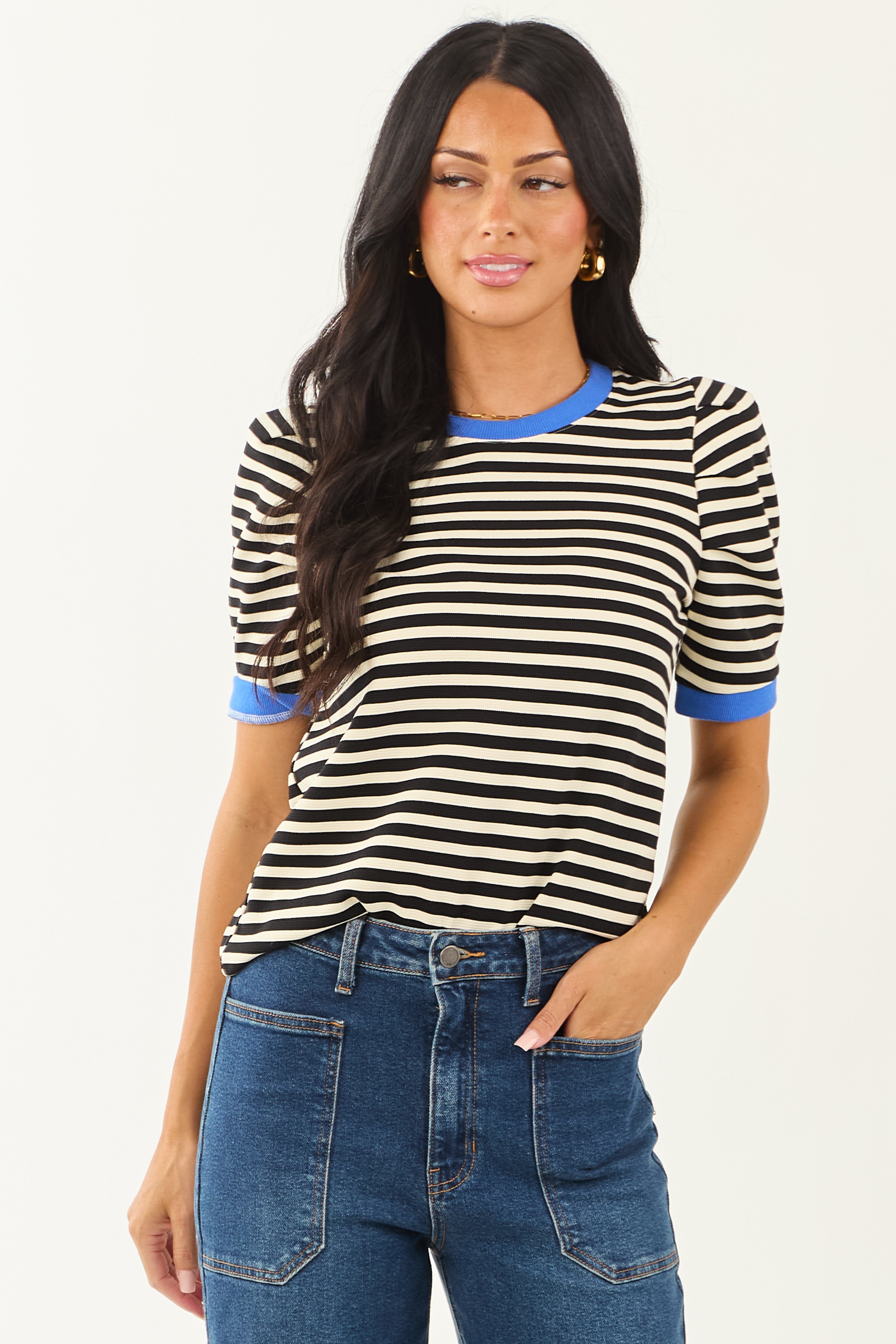 Entro Black Striped Contrast Trim Short Sleeve Top | Lime Lush